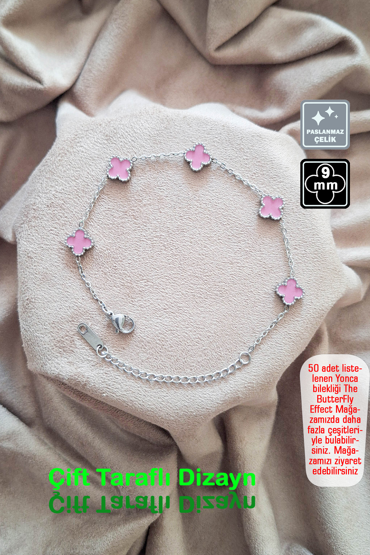 🍀4 Leaf Clover Steel Bracelet 🎨 Pink Silver Tiny