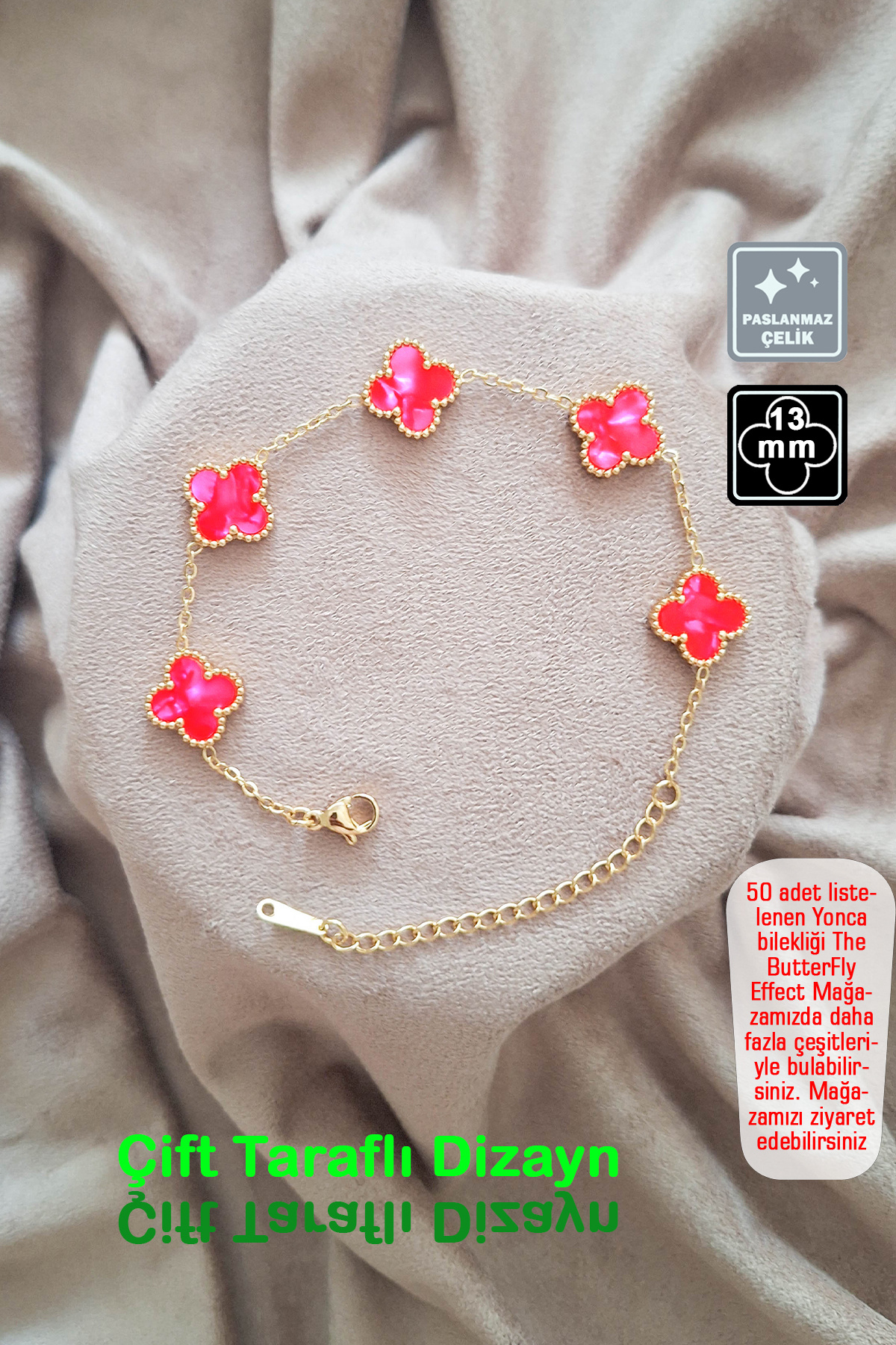 🍀4 Leaf Clover Steel Bracelet 🎨 Pink Phosphor Gold Pearl