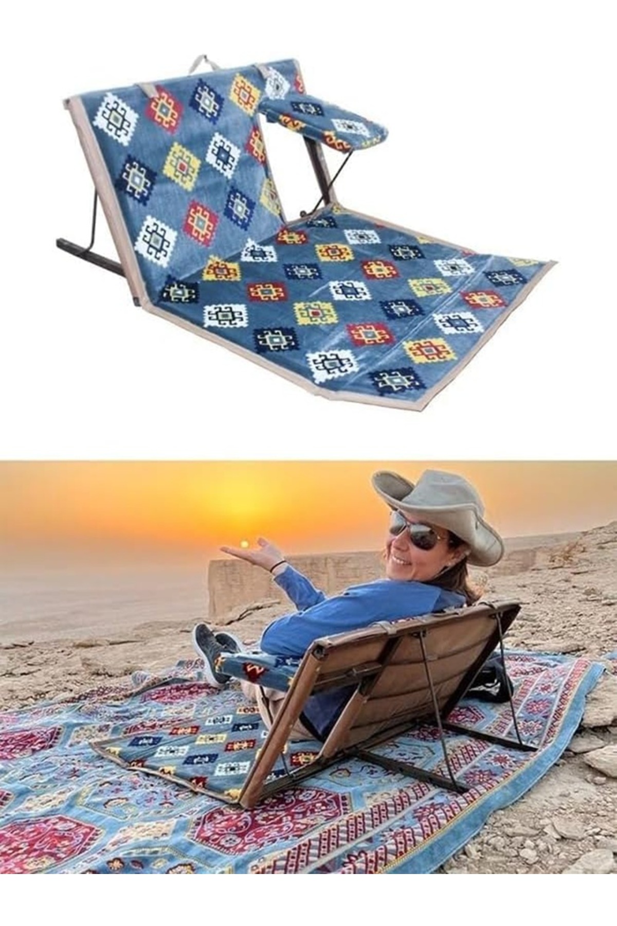 مقعد أرضي قابل للطي والتعديل للرحلات والتخييم والشاطئ,قماش ناعم مزخرف لون ازرق