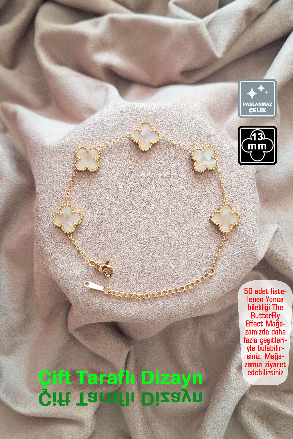 🍀4 Leaf Clover Steel Bracelet 🎨 Ivory Gold Pearl