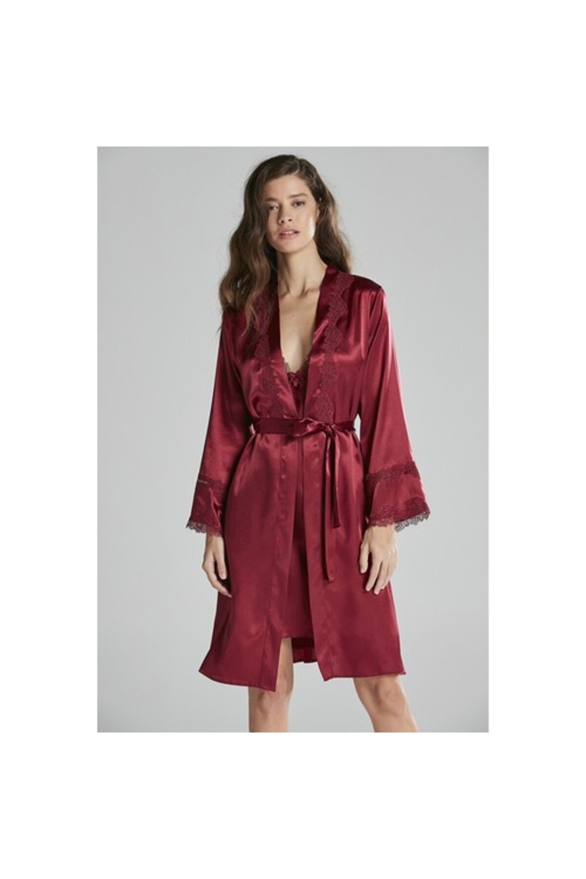 Pierre Cardin 6965 Altılı Saten Gecelik Sabahlık Takımı Bordo