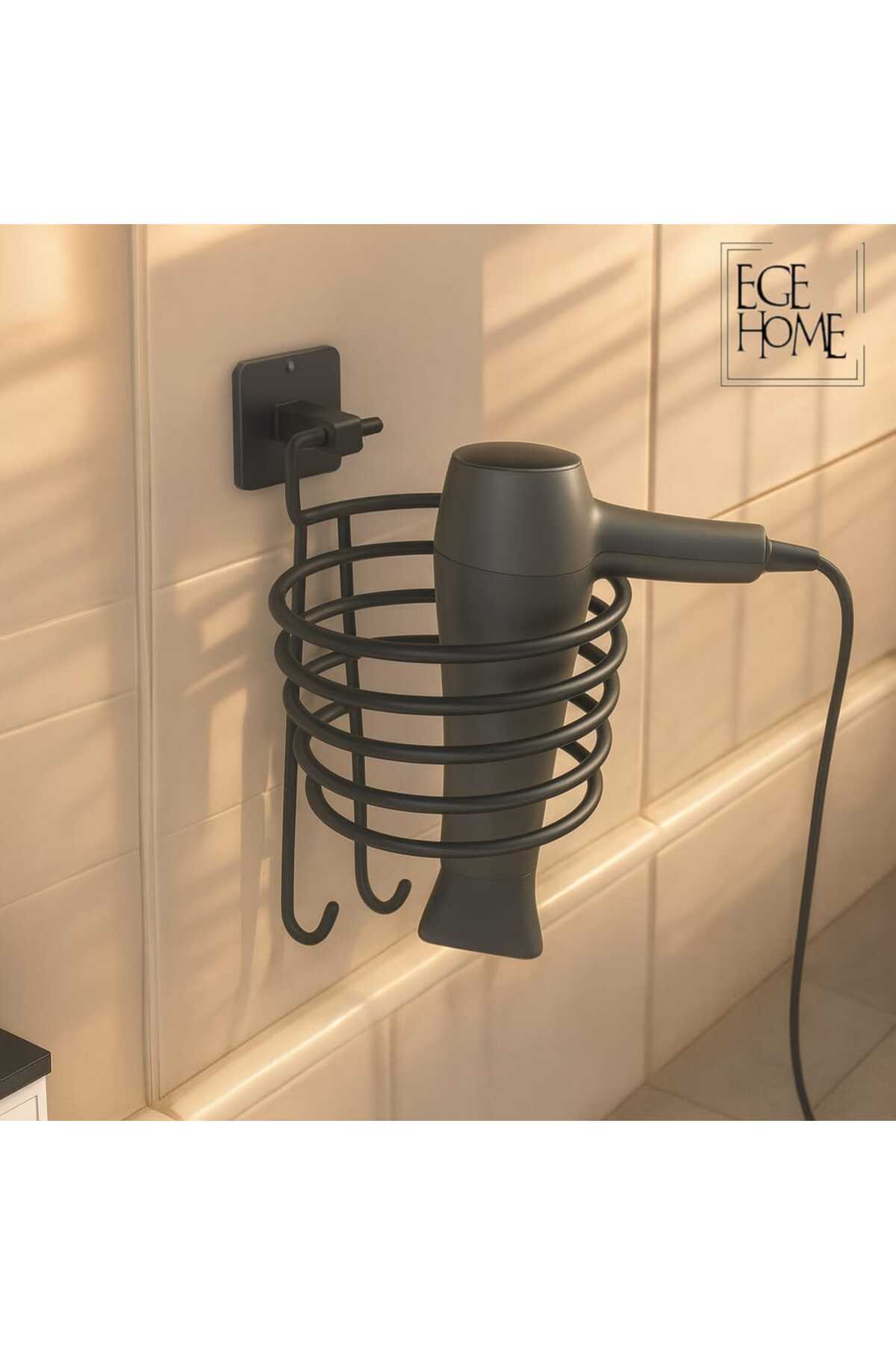 EGE HOME STORE Paslanmaz siyah fön makinesi askısı saç kurutma makınası tutacağı yapıskanlı vidalı