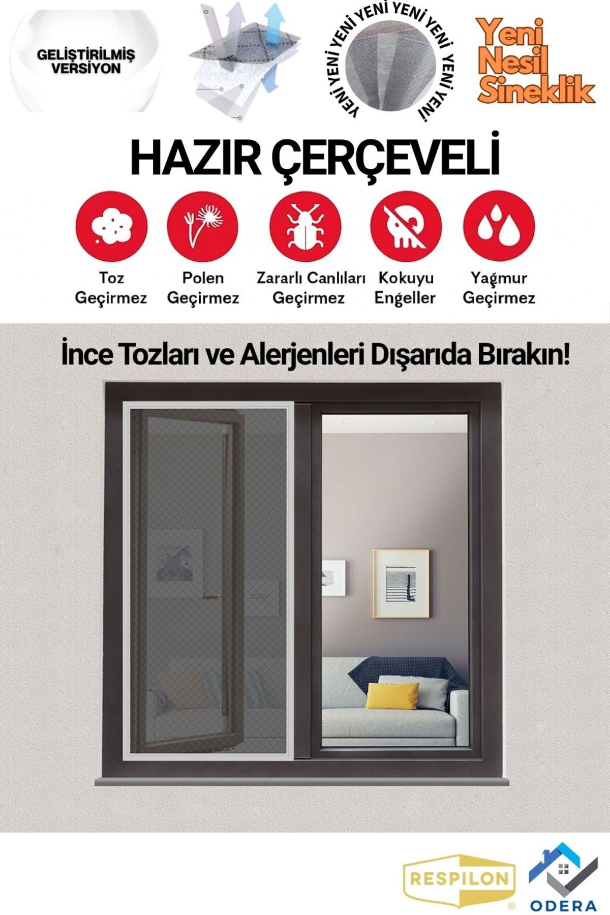 respilon 60*100cm - Pencere Toz Polen Alerjen Filtresi - Hazır Çerçeveli Yeni Nesil Sineklik - Odera