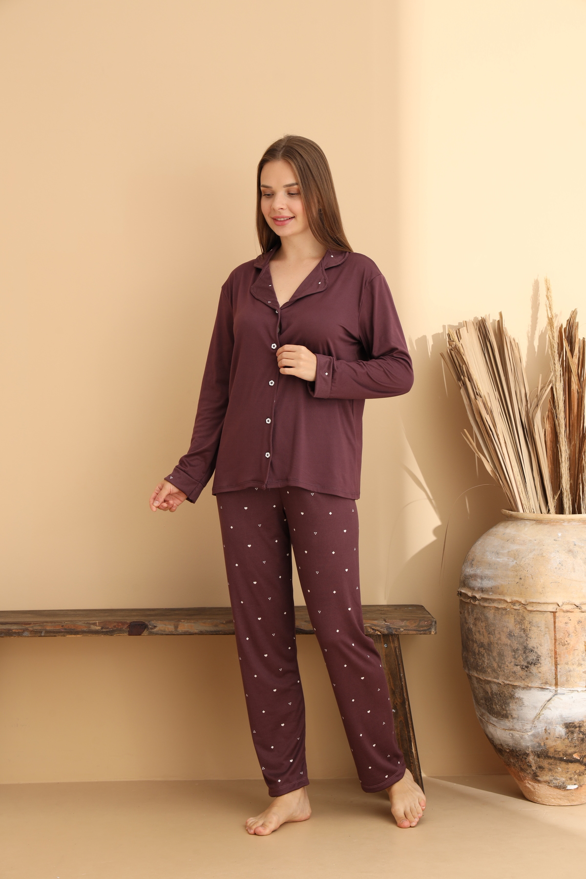 ELİTOL Mürdüm Mini Desenli Düğmeli Kadın Pijama Takımı görsel 3