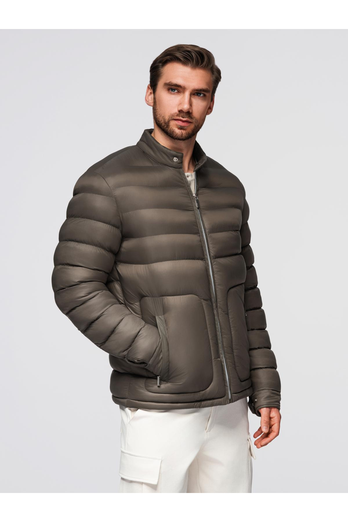 OMBRE Jachetă Clasică Bărbătească, Matlasată, Cu Guler Înalt - Olive V3 Masculin - L