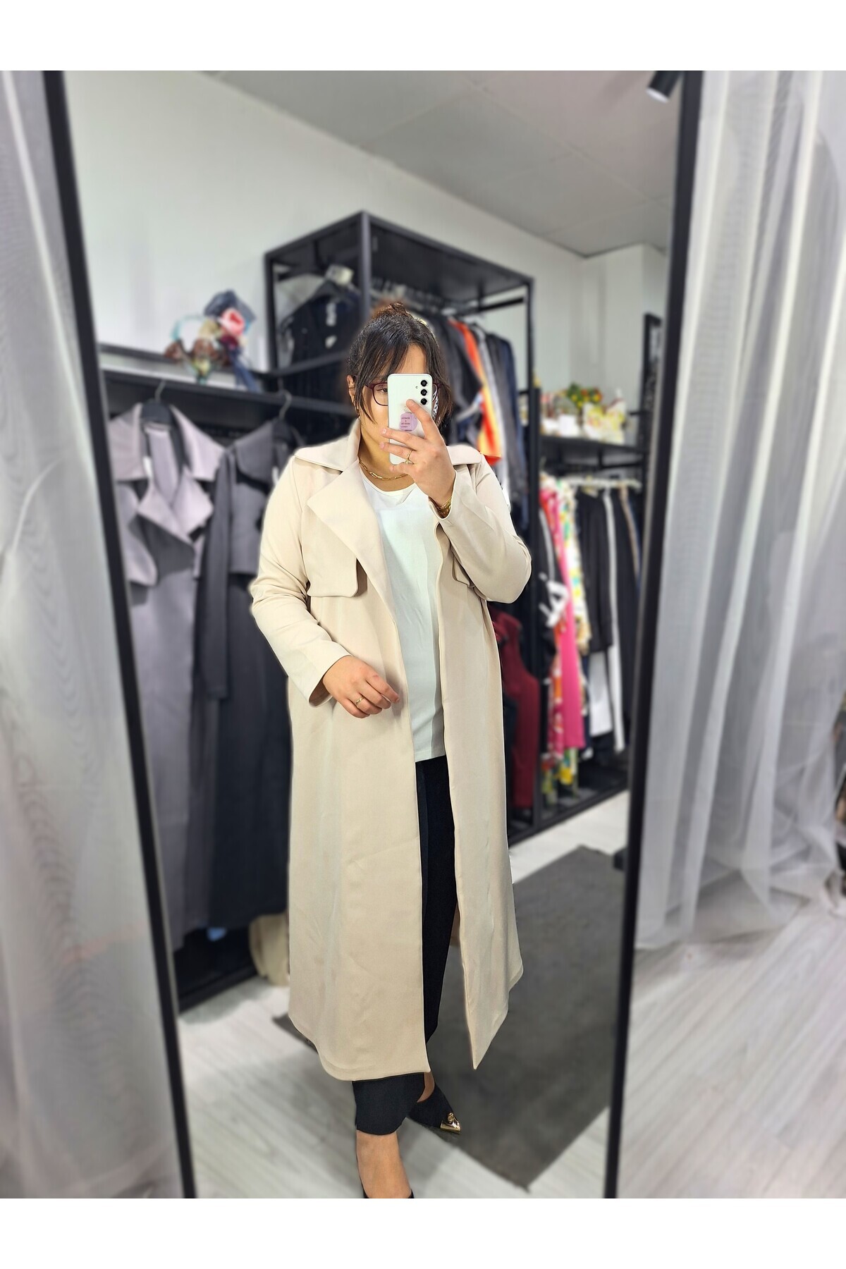 aysen Büyük Beden Uzun Scuba Cepkenli Kemerli Trençkot Bej