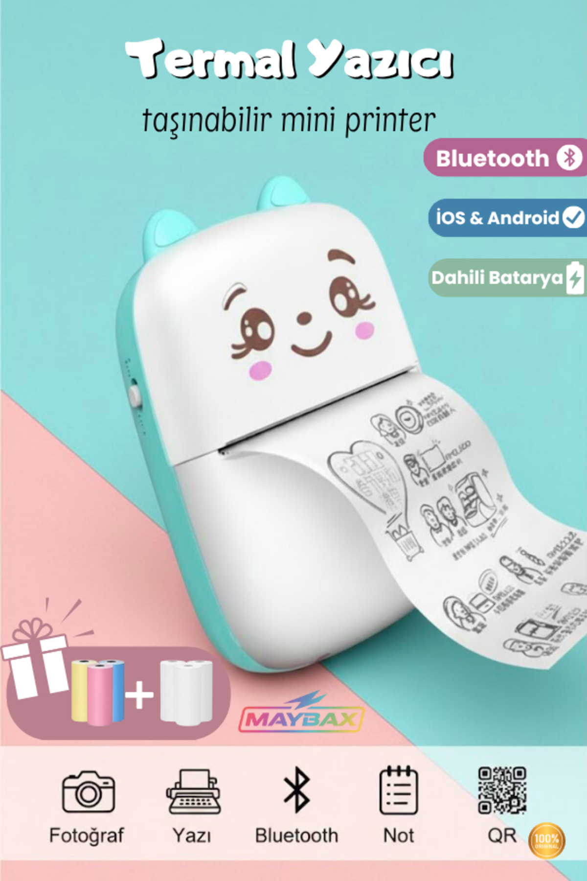 Maybax Mini Fotoğraf Yazıcı Kablosuz Etiket Yazıcı Baskı Makinesi İos ve Android Uyumlu Dahili Batarya