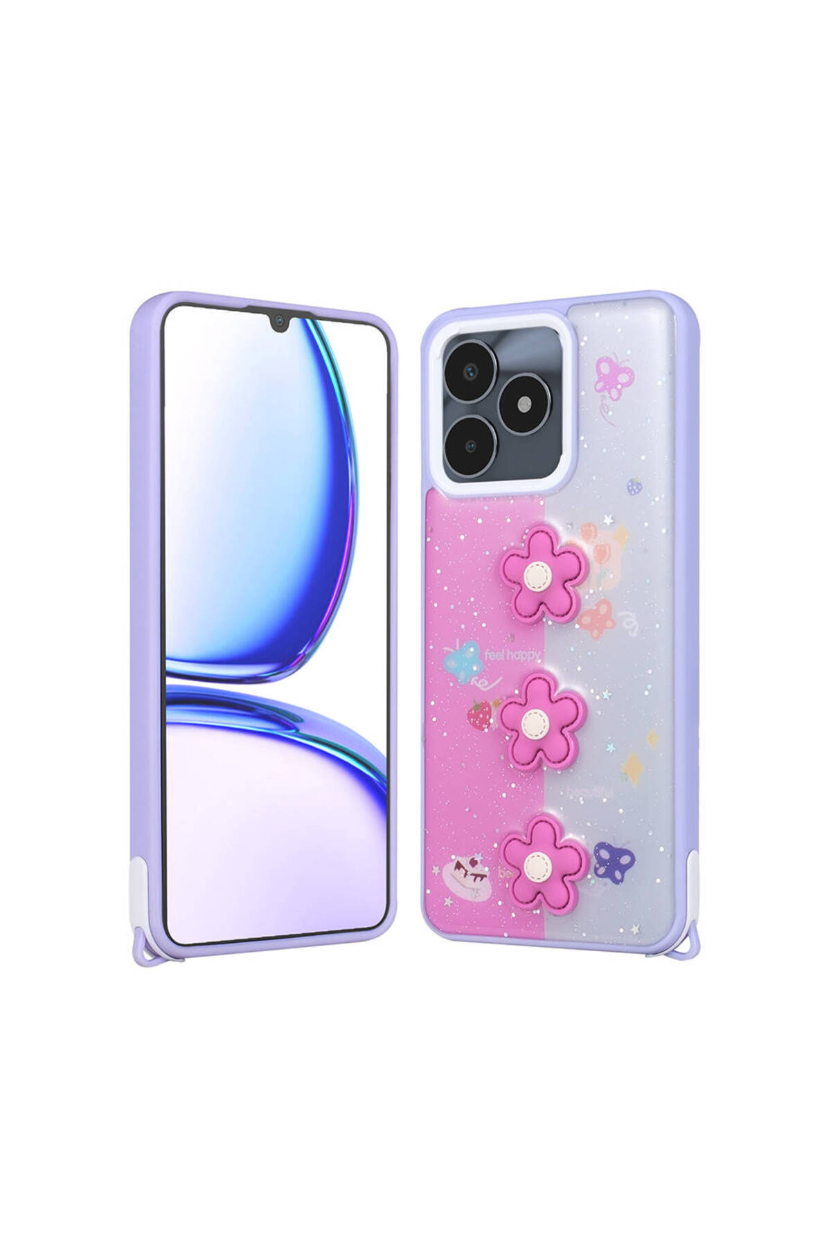 Realme C53 Kılıf Parlayan Simli Kabartma Figürlü JoieCreatif Cevze Kapak - Mor Papatya