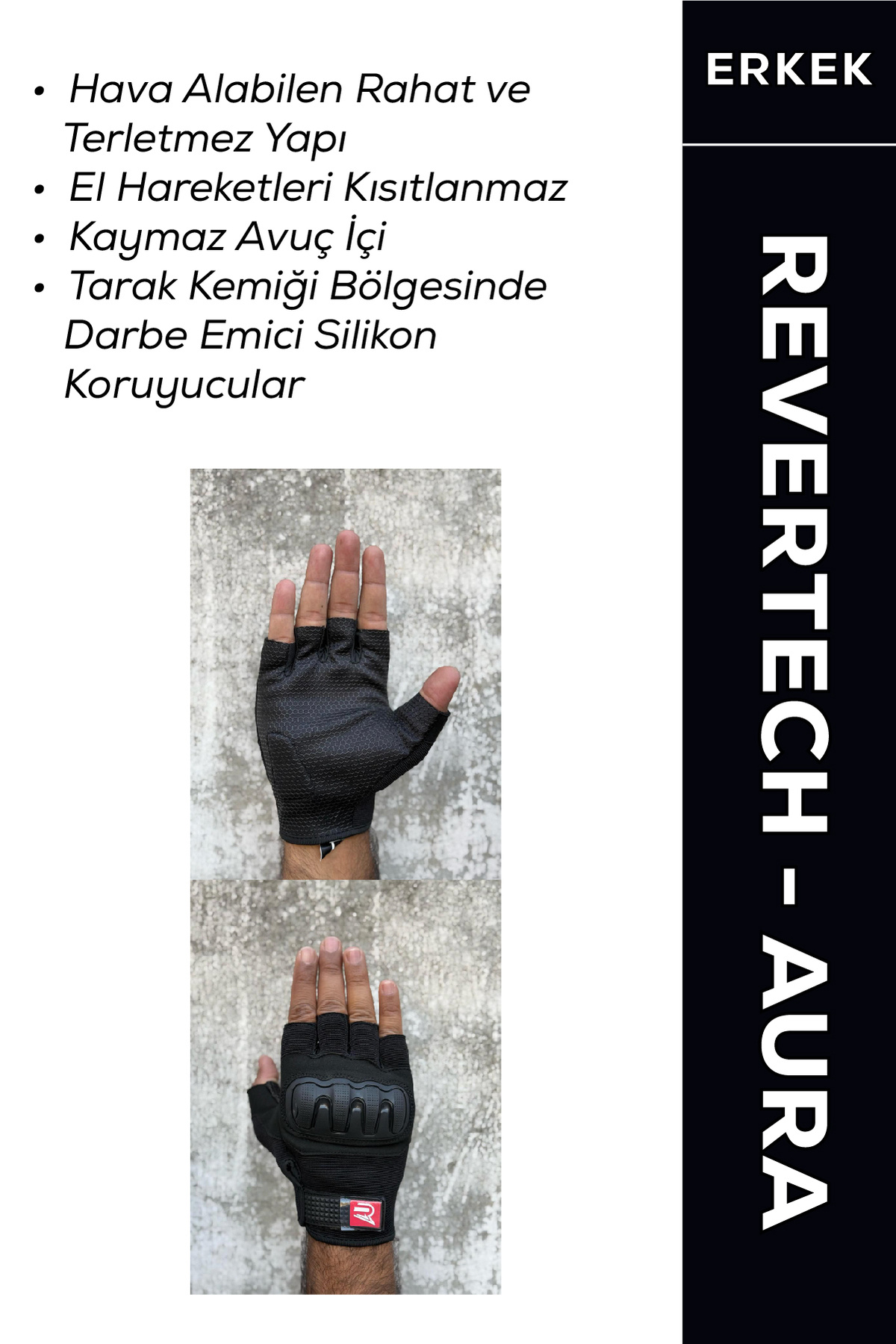 MOTOKIT Revertech Aura Siyah / Yarım Parmak - Kaymaz Avuç İçi Özellikli Motosiklet Eldiveni (Erkek)