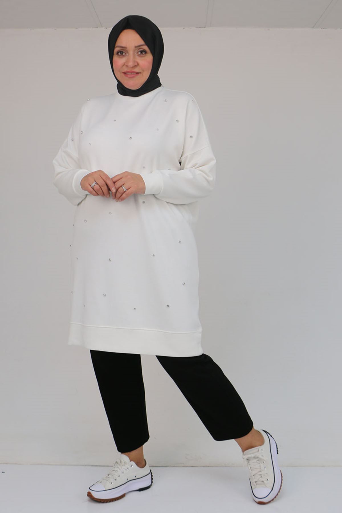 Eslina 58157 Büyük Beden Beyoğlu Taş Çakmalı Modal Tunik - Ekru