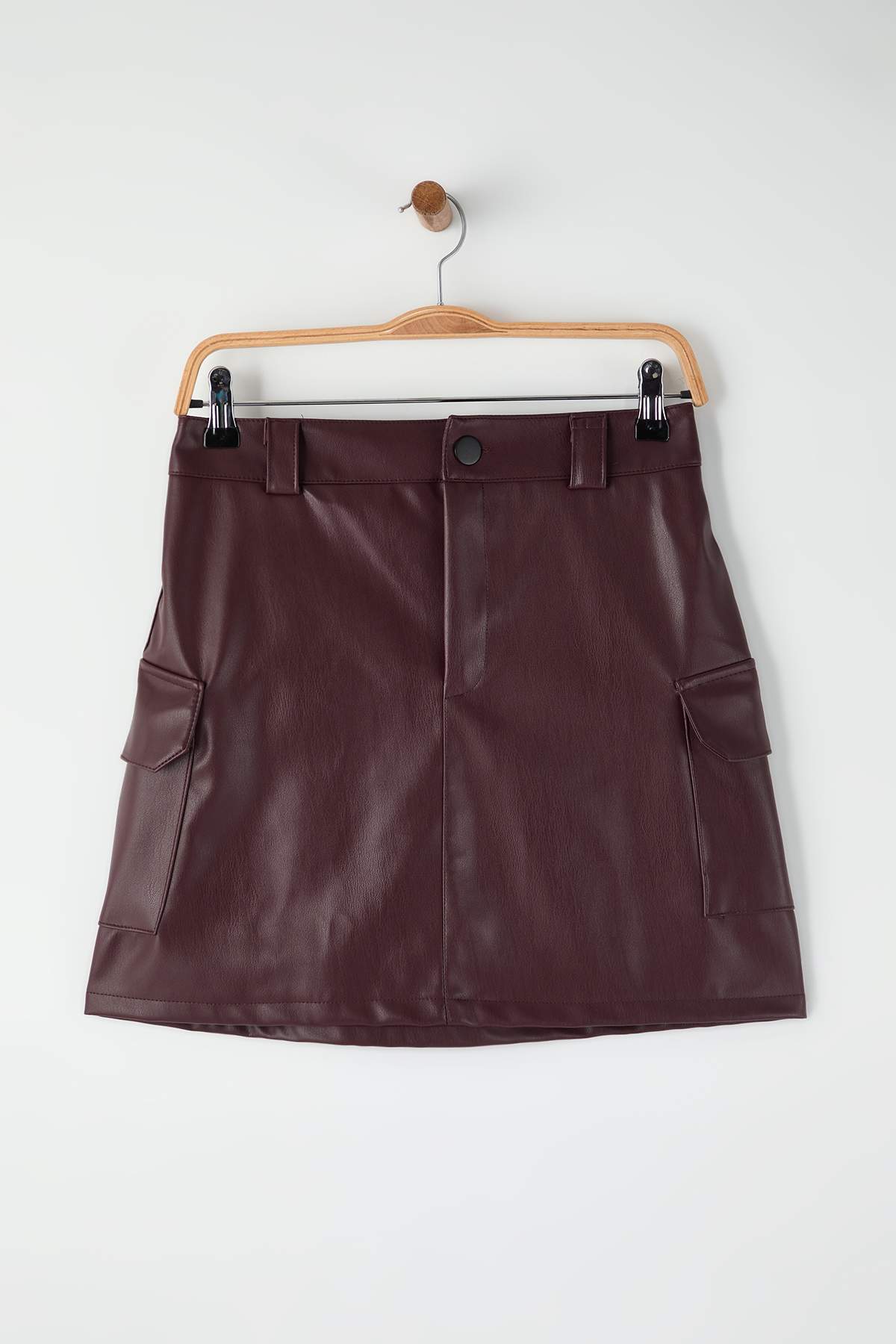 Trendyolmilla  Bordo Suni Deri Kargo Cepli Kalem Mini Örme Etek TWOAW26ET00107 - Görsel 5