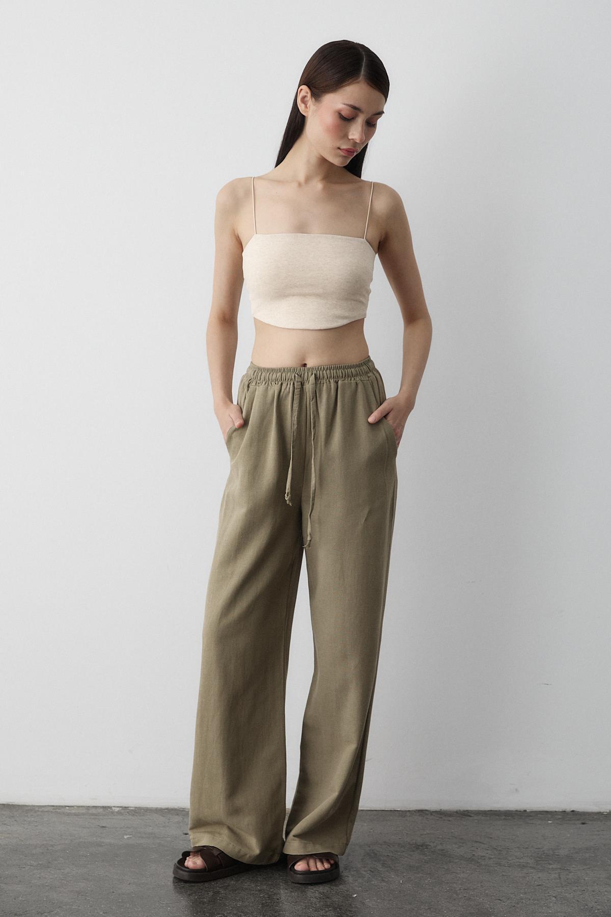 Laluvia  Çağla Beli Lastikli Pamuklu Keten Pantolon - Görsel 5