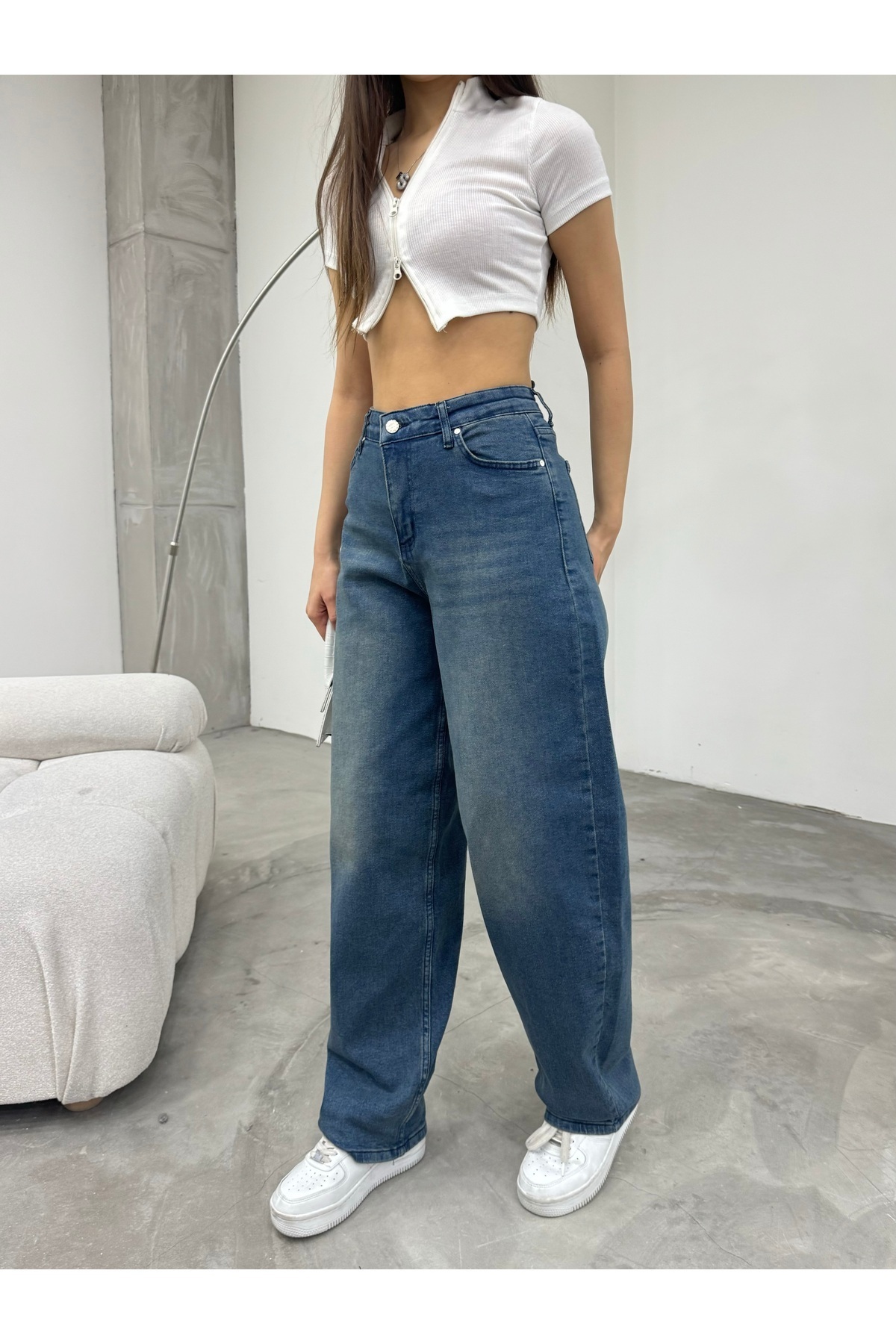 BİKELİFE Damskie luźne szerokie nogawki z efektem jasnego efektu, wygodne, luźne dżinsy typu baggy