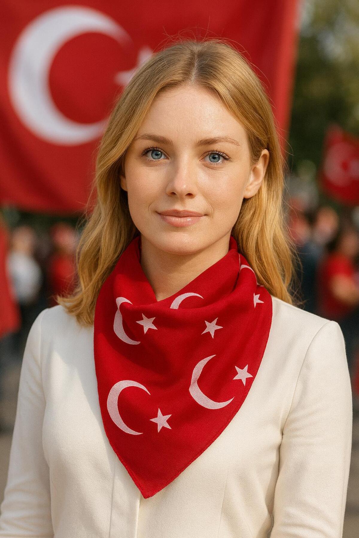 sema aksesuar Kırmızı Ay Yıldız Türk Bayrağı Temalı Pamuk Kumaş Fular - Bandana - 23 Nisan, 29 Ekim, 19 Mayıs görsel 2