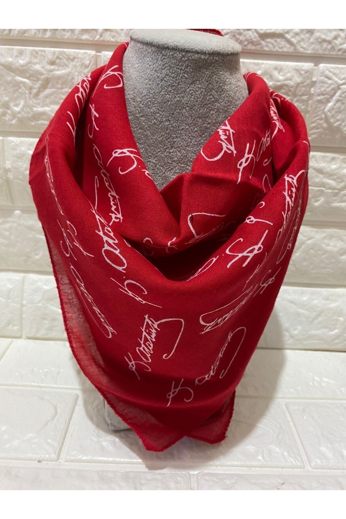 sema aksesuar Kırmızı Atatürk Imzalı Pamuk Kumaş Fular - Bandana - 23 Nisan, 29 Ekim, 30 Ağustos, 19 Mayıs