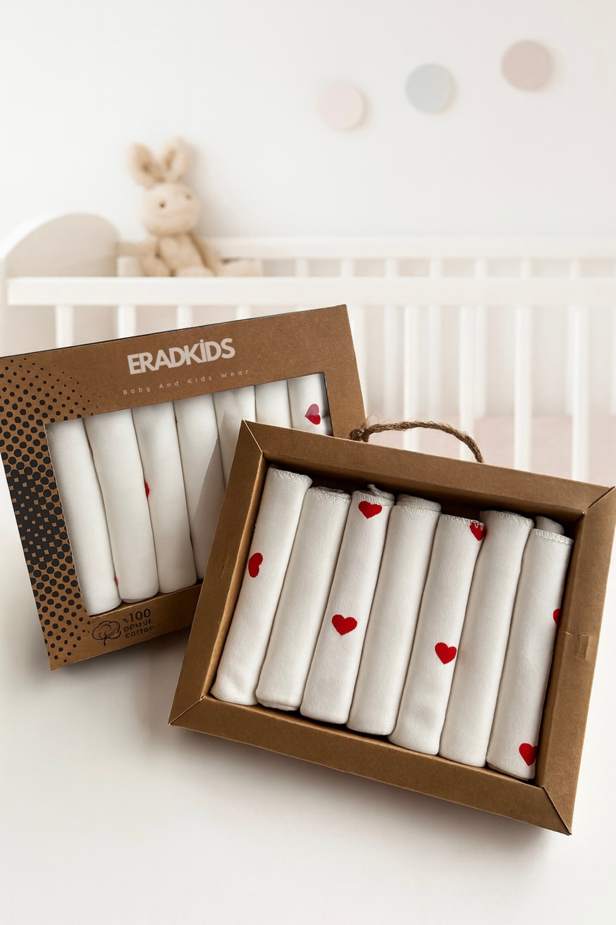 eradkids ÖZEL SERİ %100 ORGANİK PAMUK KUTULU KALP DESENLİ 7Lİ AĞIZ MENDİLİ