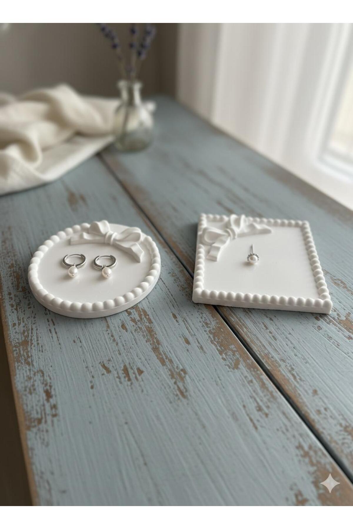 White Bowknot Multi-Purpose Jewelry Tray Ribbon Plate , Jewelry Plate , Coaster , Candle Plate
