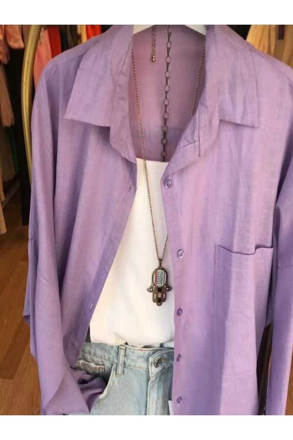blackbonds  Kadın Keten lila Gömlek Yazlık Oversize Gömlek Yeni Sezon - Görsel 4