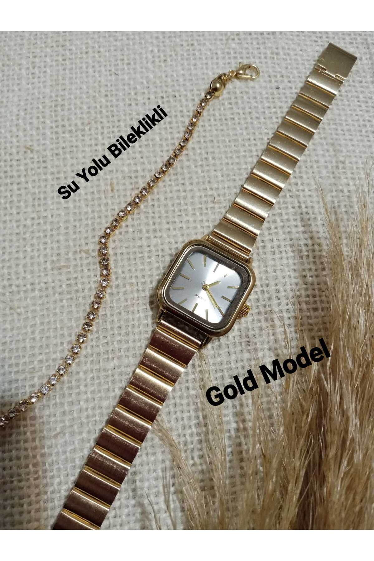 Vintage Model Square Design Women's Gold Model Wrist Watch with Dial (WATERWAY wristband)