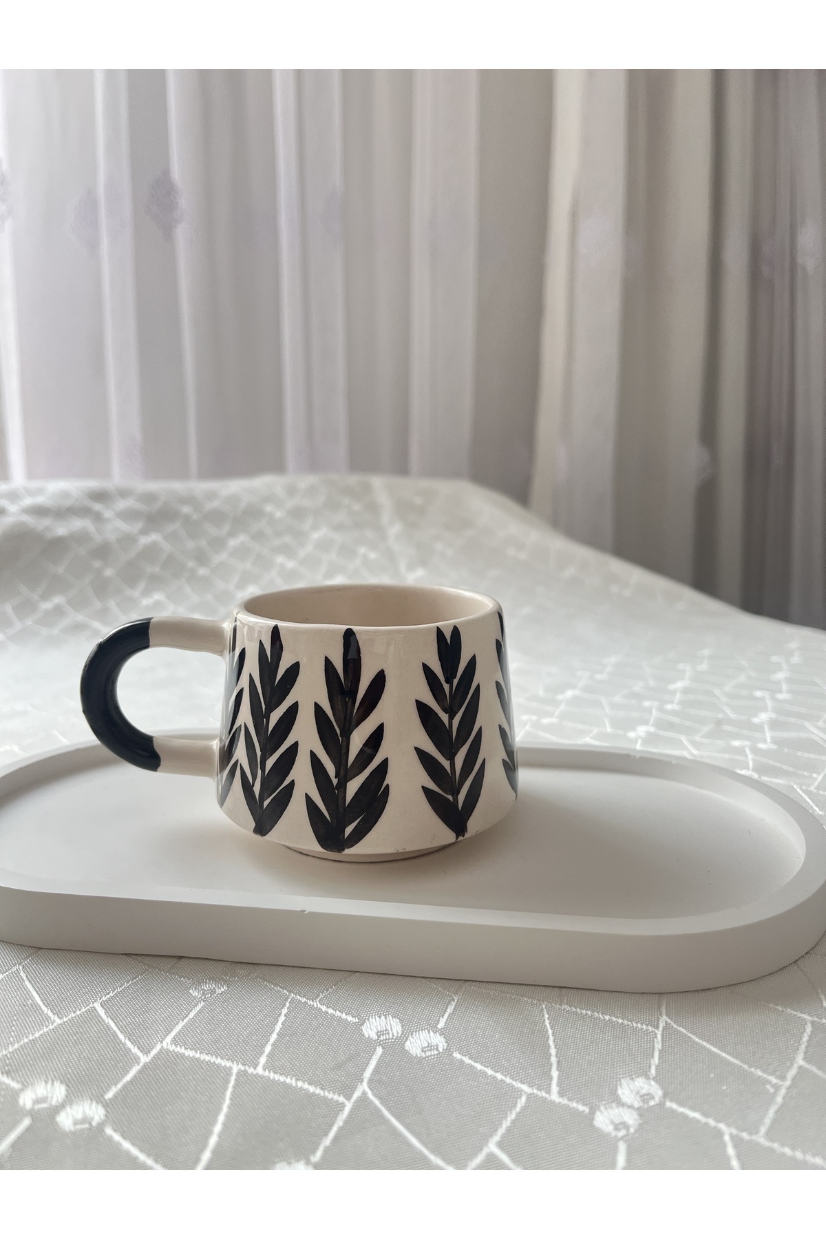 Siyah Yaprak Desenli Kupa Bardak Çay Kahve Fincanı