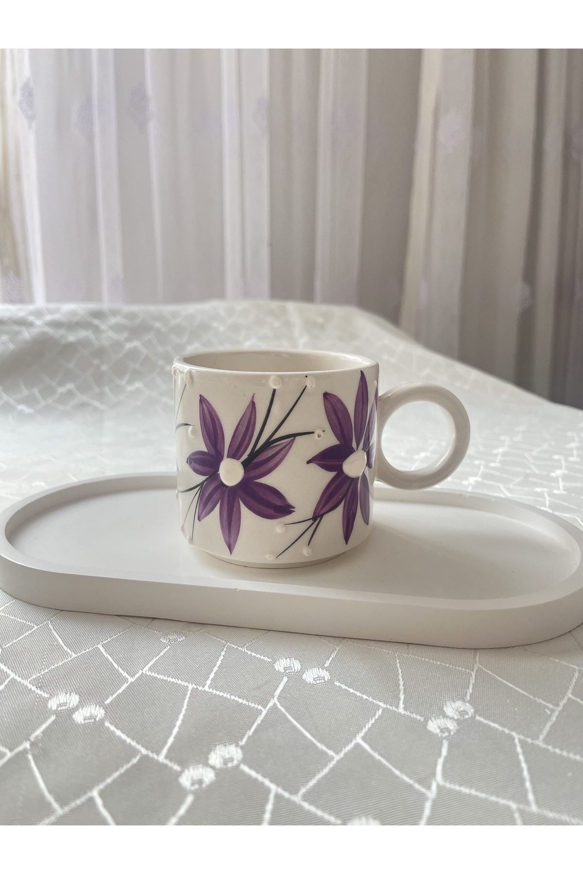 Çiçekli Mor Kupa Bardak Çay Kahve Fincanı 200 ml