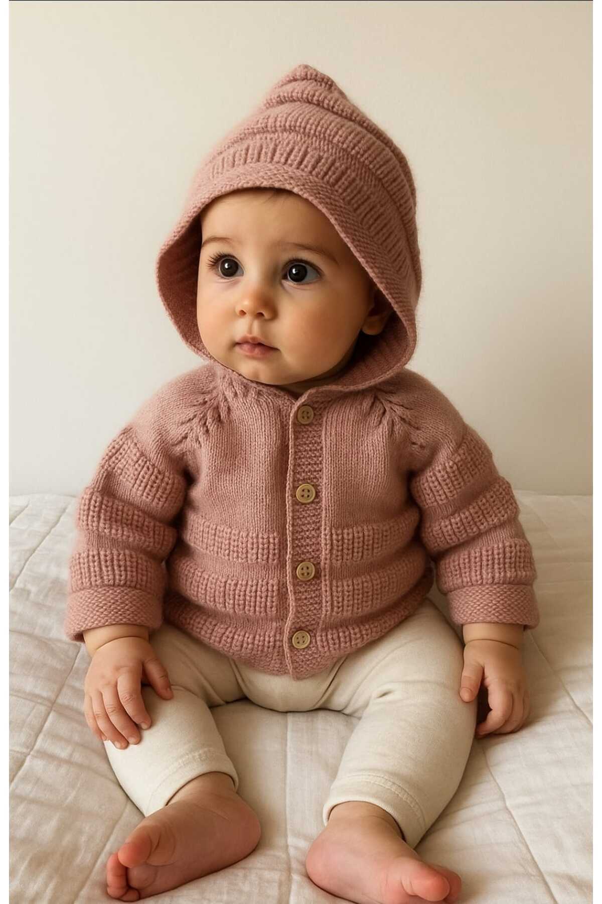 BEGİN Pembe Rengi Hediyelik El Örgüsü Pamuk Kapüşonlu Bebek Hırka 0 - 1 Yaş fotoğrafı 3 (önizleme)