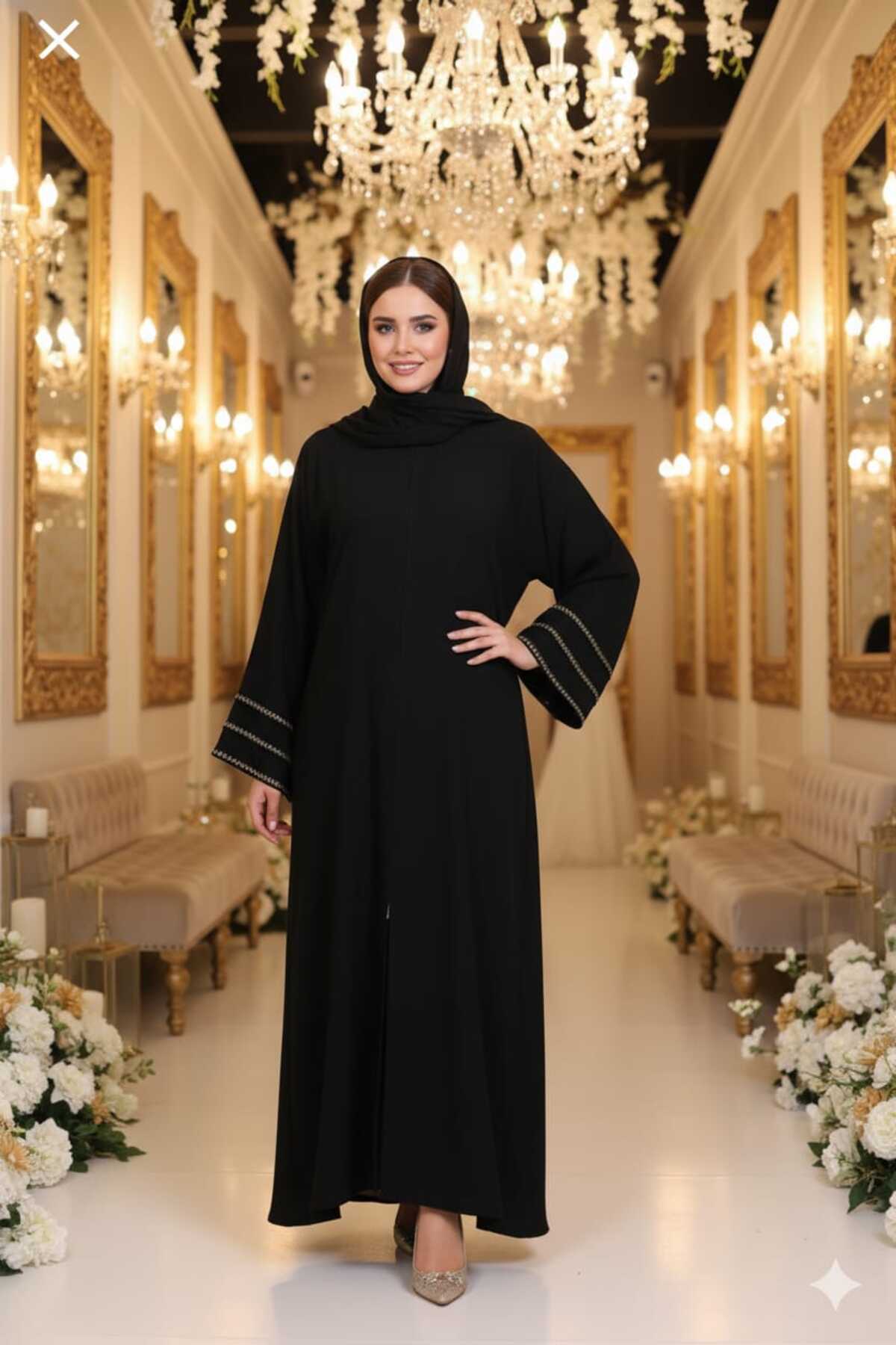 GigiTex HİJAP ABAYA GOLD SİMLİ FERACE BOY 1.50 cm  ŞALLI TAKIM  Standart Beden 38-44