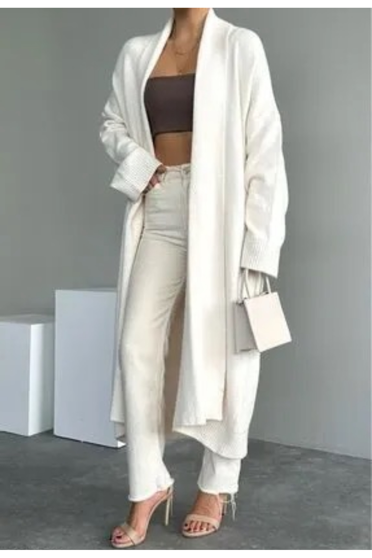 Vaveyla Kadın Krem Şal Yaka Uzun Triko Hırka | Oversize & Rahat Model görsel 4
