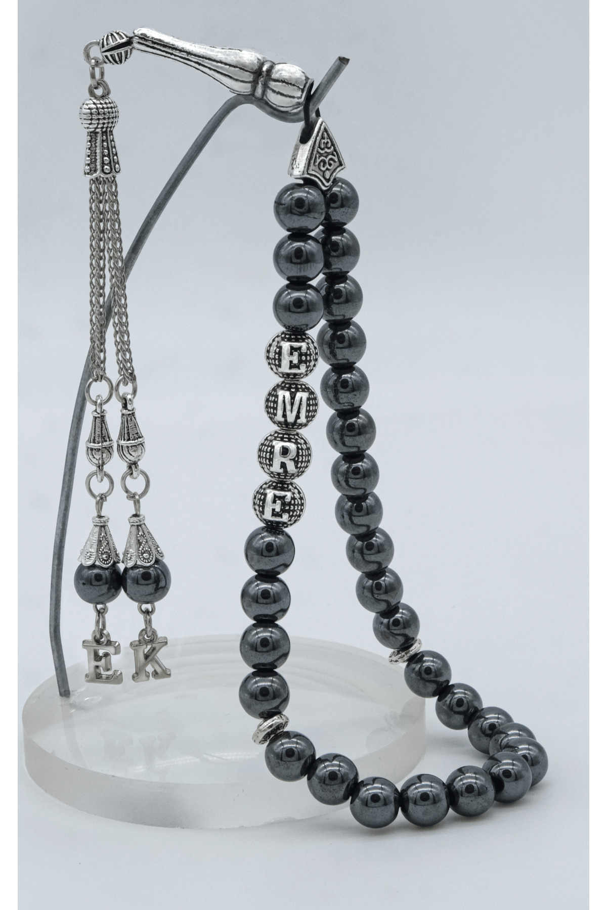 Named Hematite Natural Stone Rosary | Wooden Boxed Gift | Handmade Men's Rosary with Letters