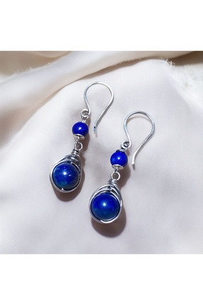 PureBlueCollection Gümüş Lapis Doğal Taş Tel Sarma Küpe