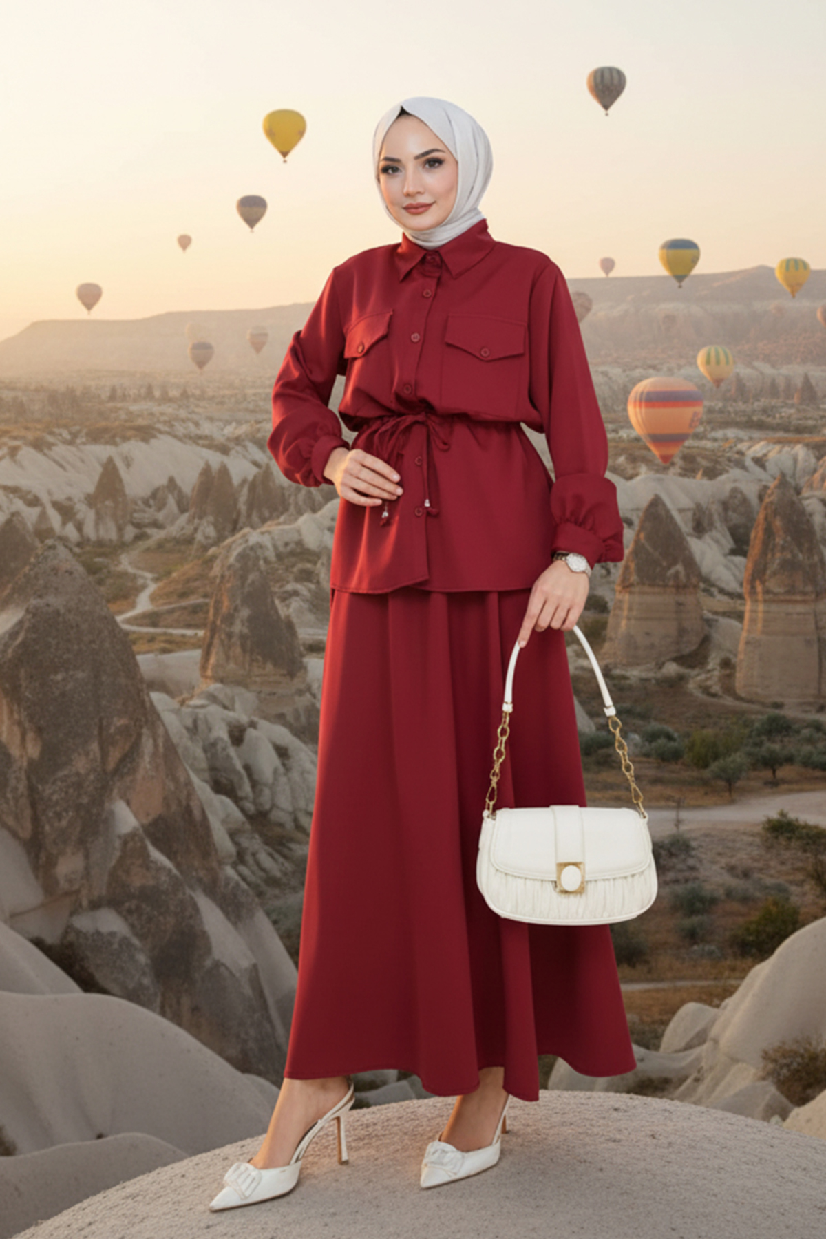 Burgundy Dabıl Crepe Tunnel Hijab Suit - Stylish and Comfortable Double Suit