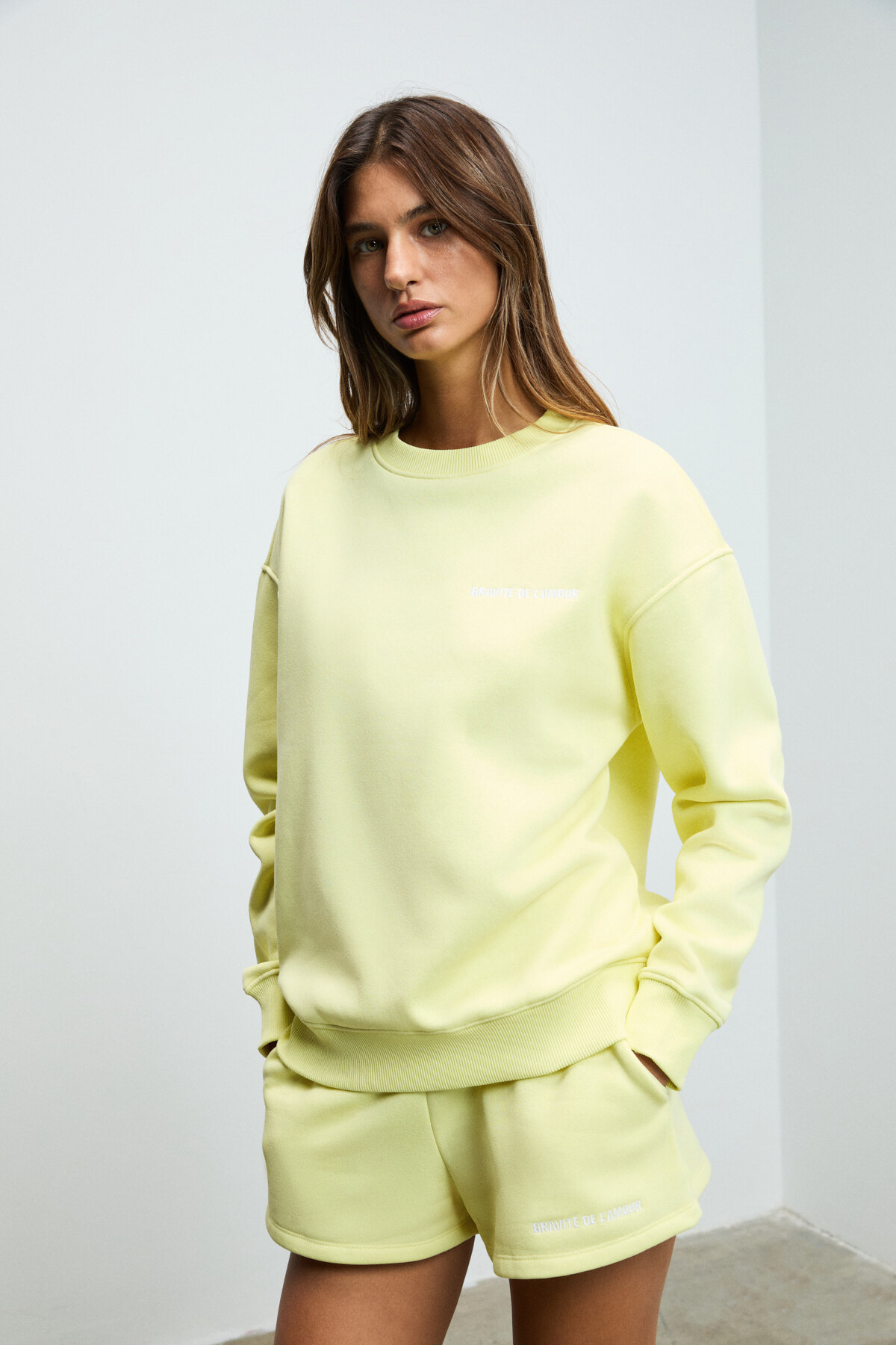 GRIMELANGE  Jennıfer Kadın Organik Pamuklu Nakışlı Yuvarlak Yakalı Oversize Sarı Sweatshirt - Görsel 4