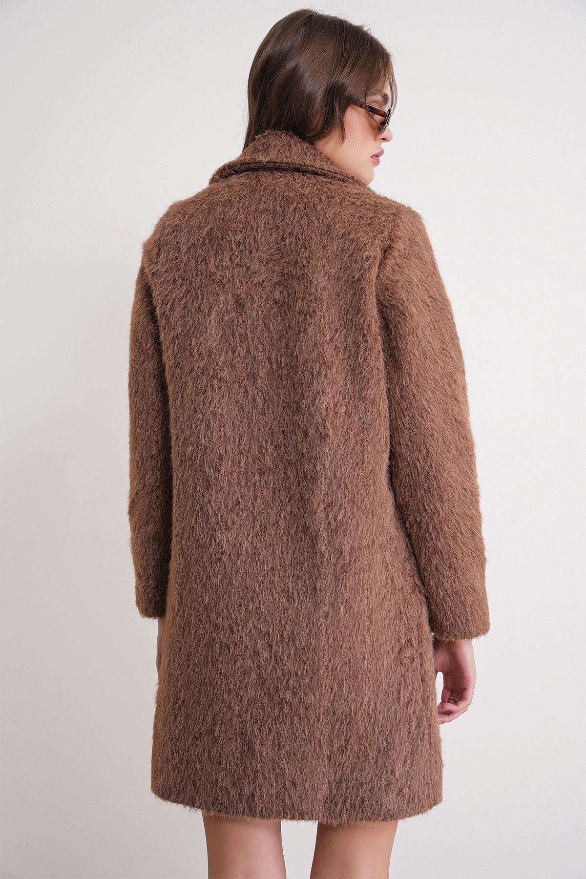 Mixray  4746 Kadın Uzun Tüylü Manto Süt Kahve - Görsel 7