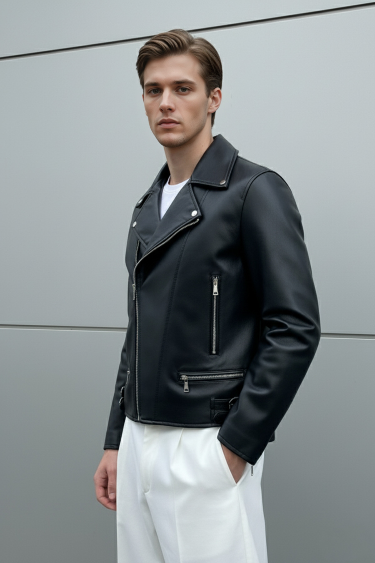 Mach  Erkek Çapraz Fermuarlı Dar kesim İçi Kürklü Deri Ceket - Görsel 4