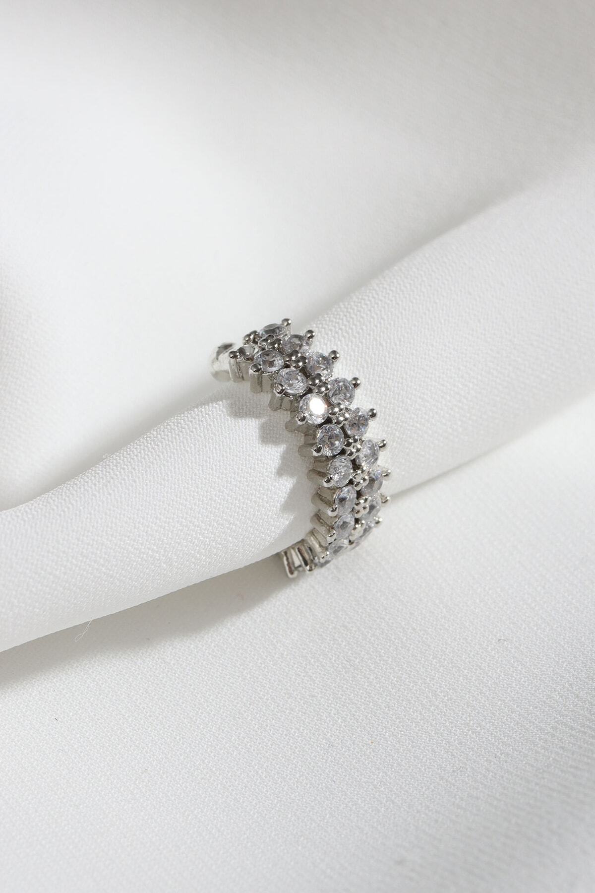 Single Compression Silver Cartilage Earrings with Two Row Stones