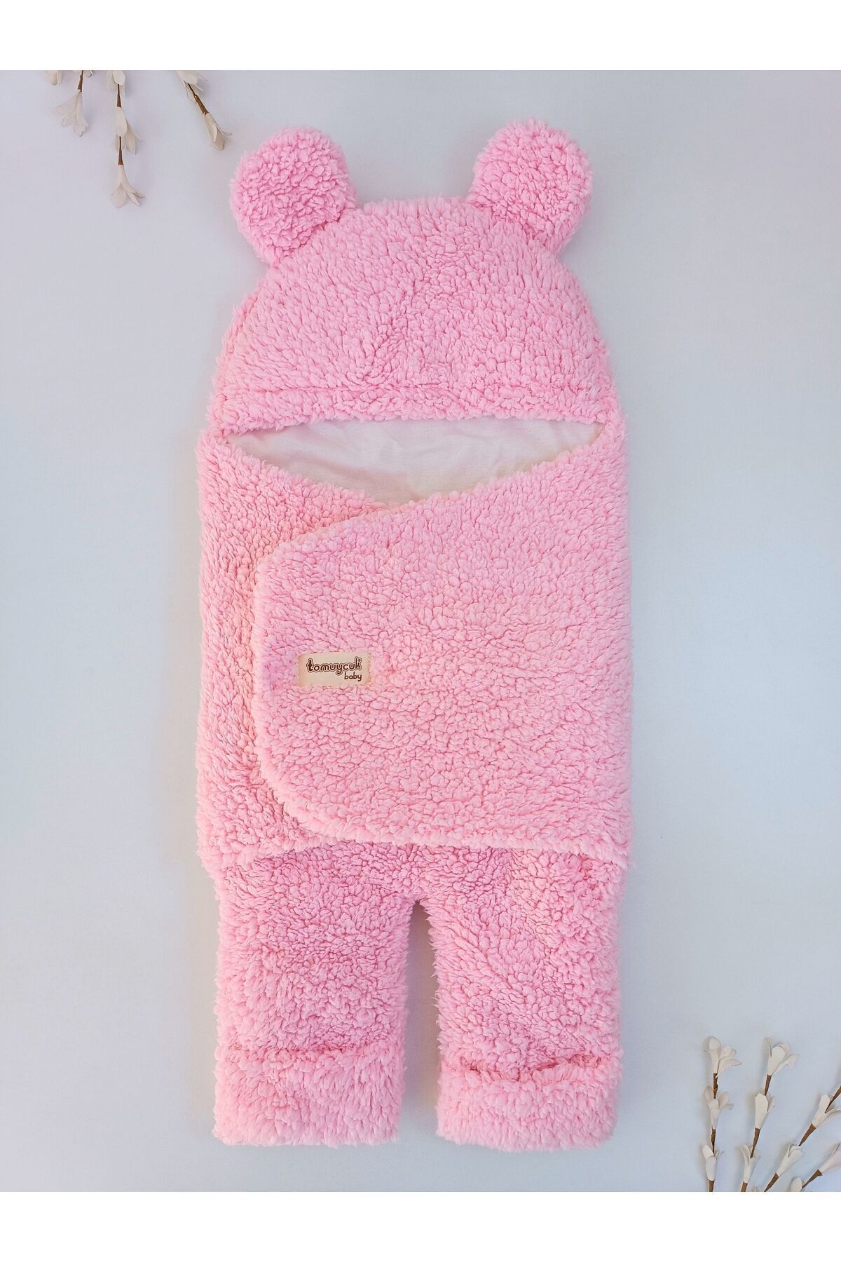 Tomuycuk 0-12 Ay İçi Elyaflı Peluş Welsoft Kulaklı Pembe Dış Bebek Kundak & Battaniyesi Kışlık Uyku Tulumu fotoğrafı 7 (önizleme)