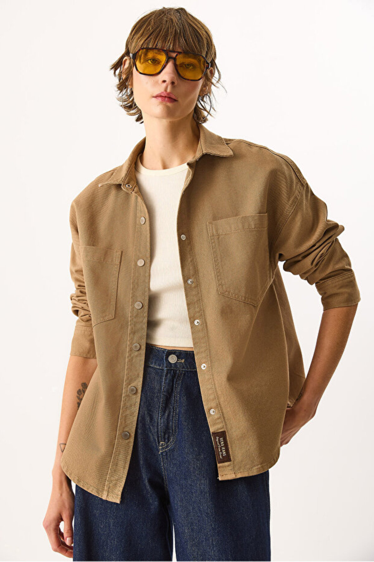 VENA  Kadın Sementa Renkli Jean Dış Gömlek %100 Pamuk - Camel - Görsel 5