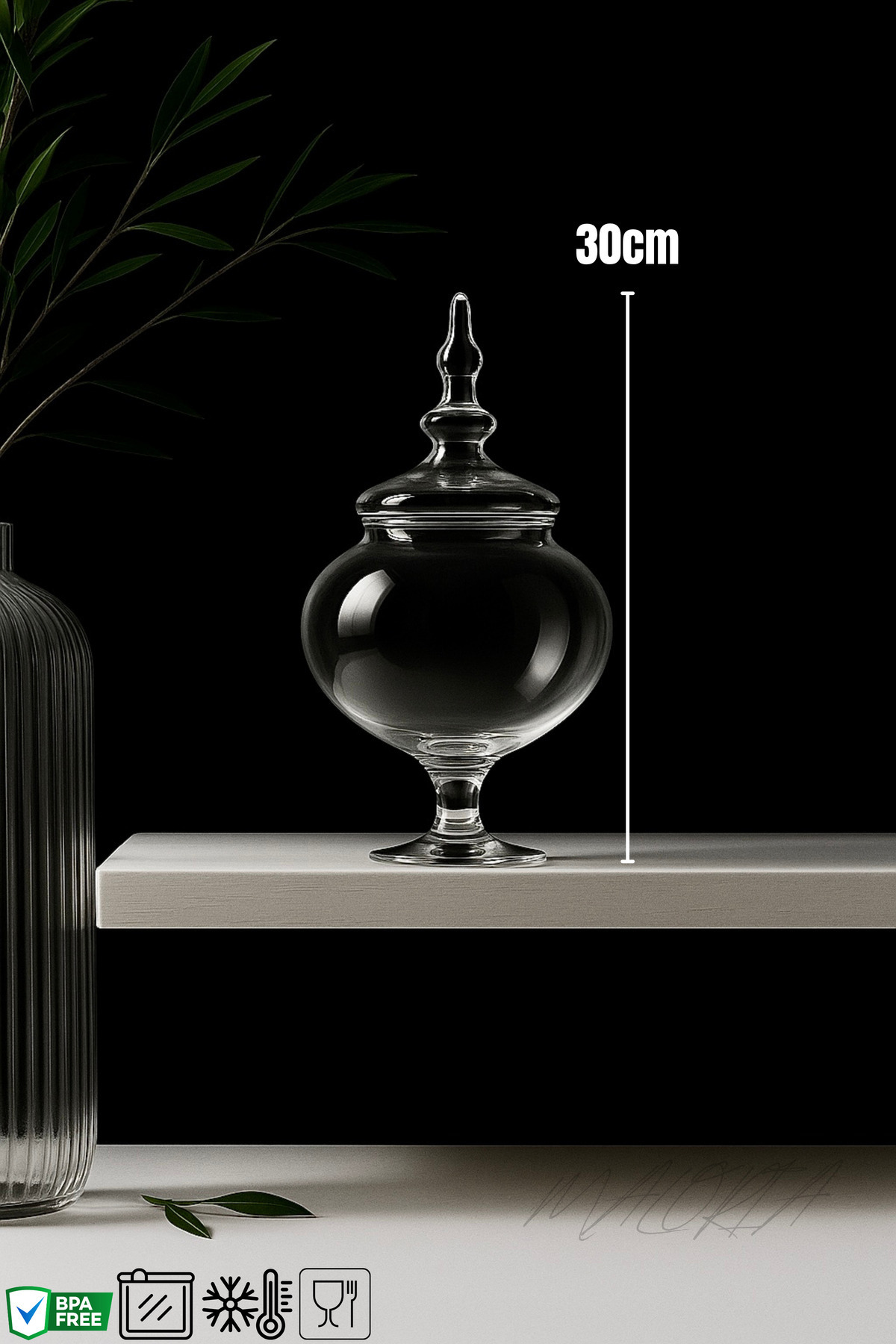 Maloria Ayaklı Kapaklı Cam Drajelik | 30cm - Tekli