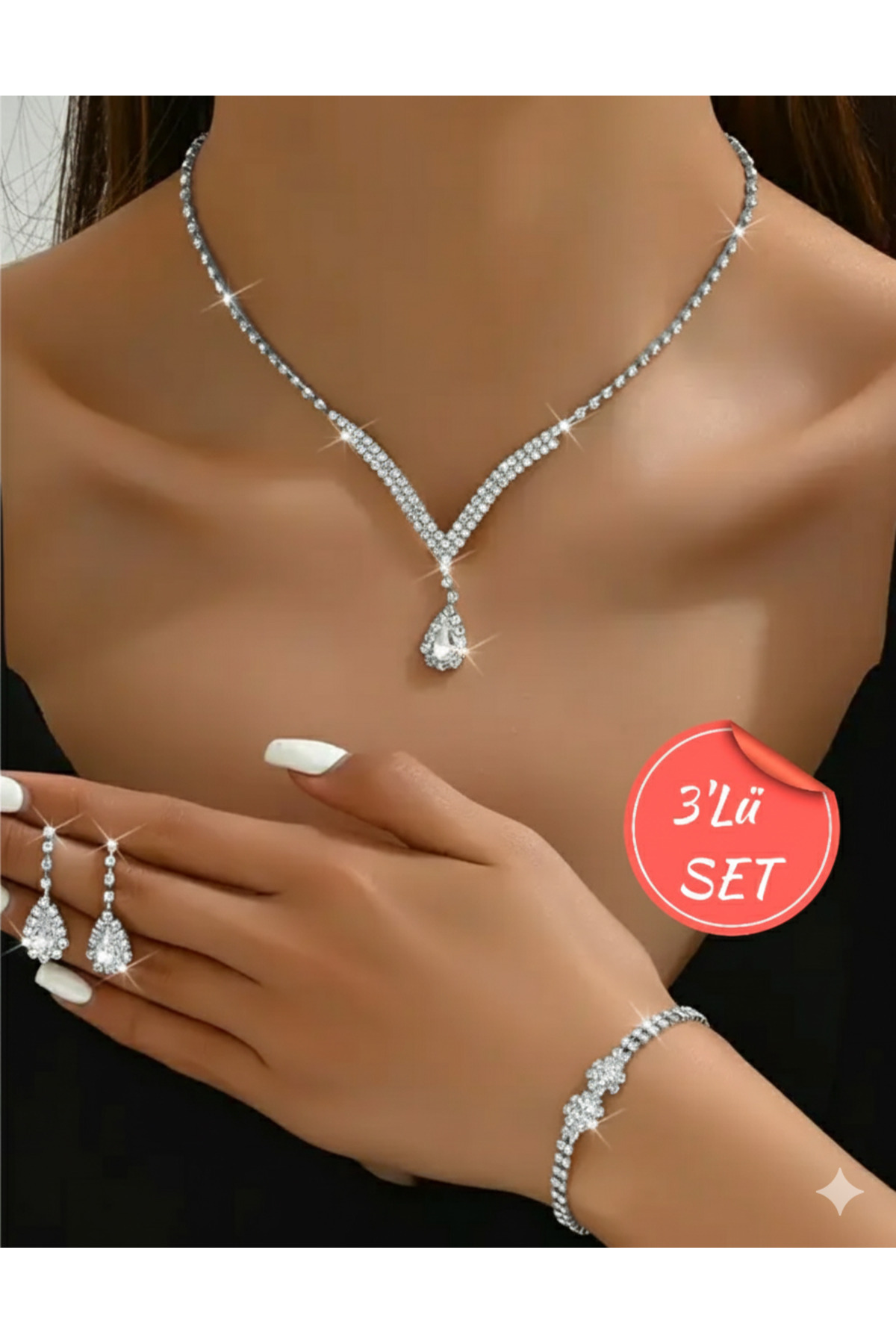 V Model Drop Stone Necklace, Earring, Bracelet Jewelry Set Gift Special Occasion Jewelry Set