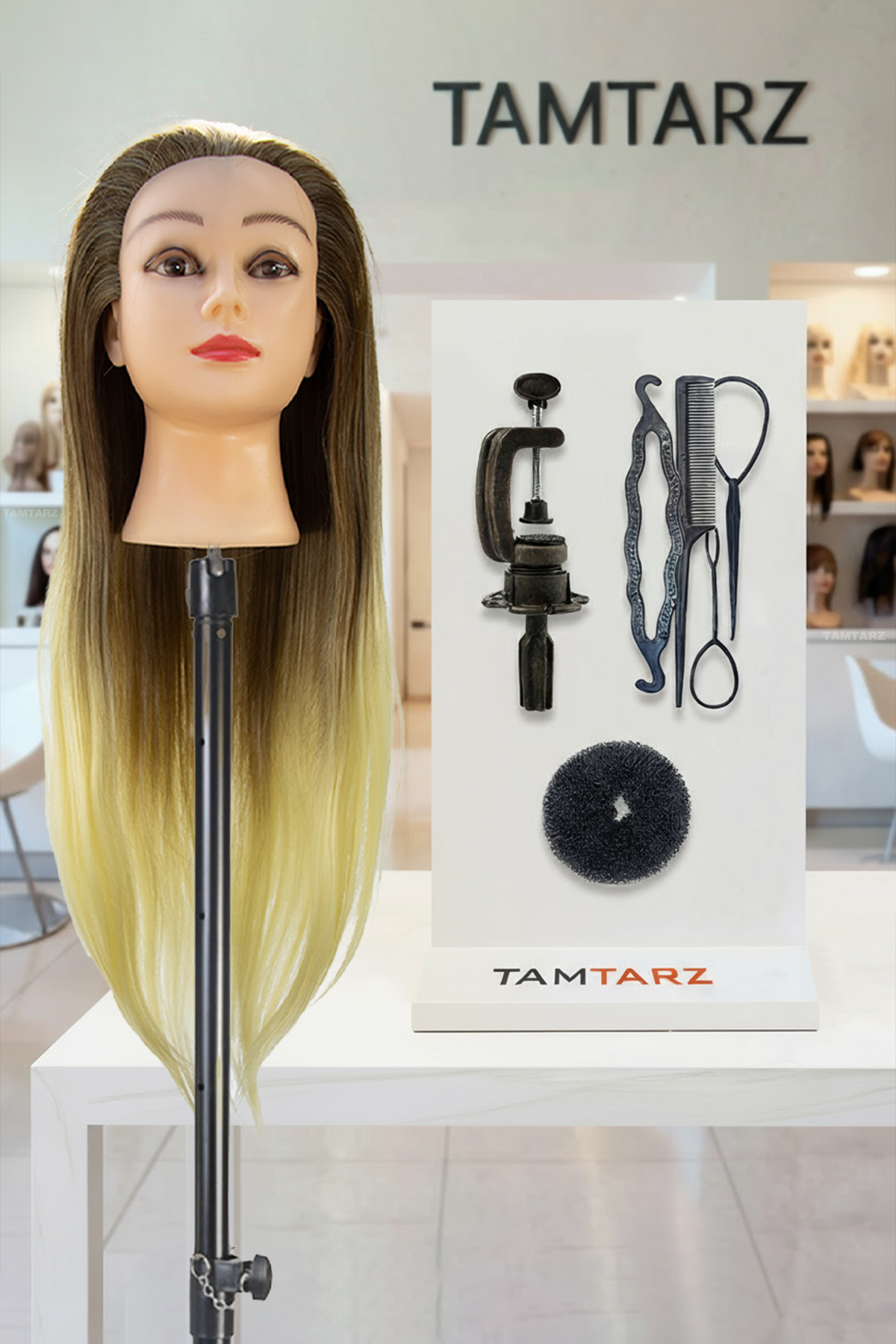 TAM TARZ Kuaför Eğitim Mankeni - Kahverengi / Platin + Masa Aparatı + Örgü Seti + Topuz Süngeri