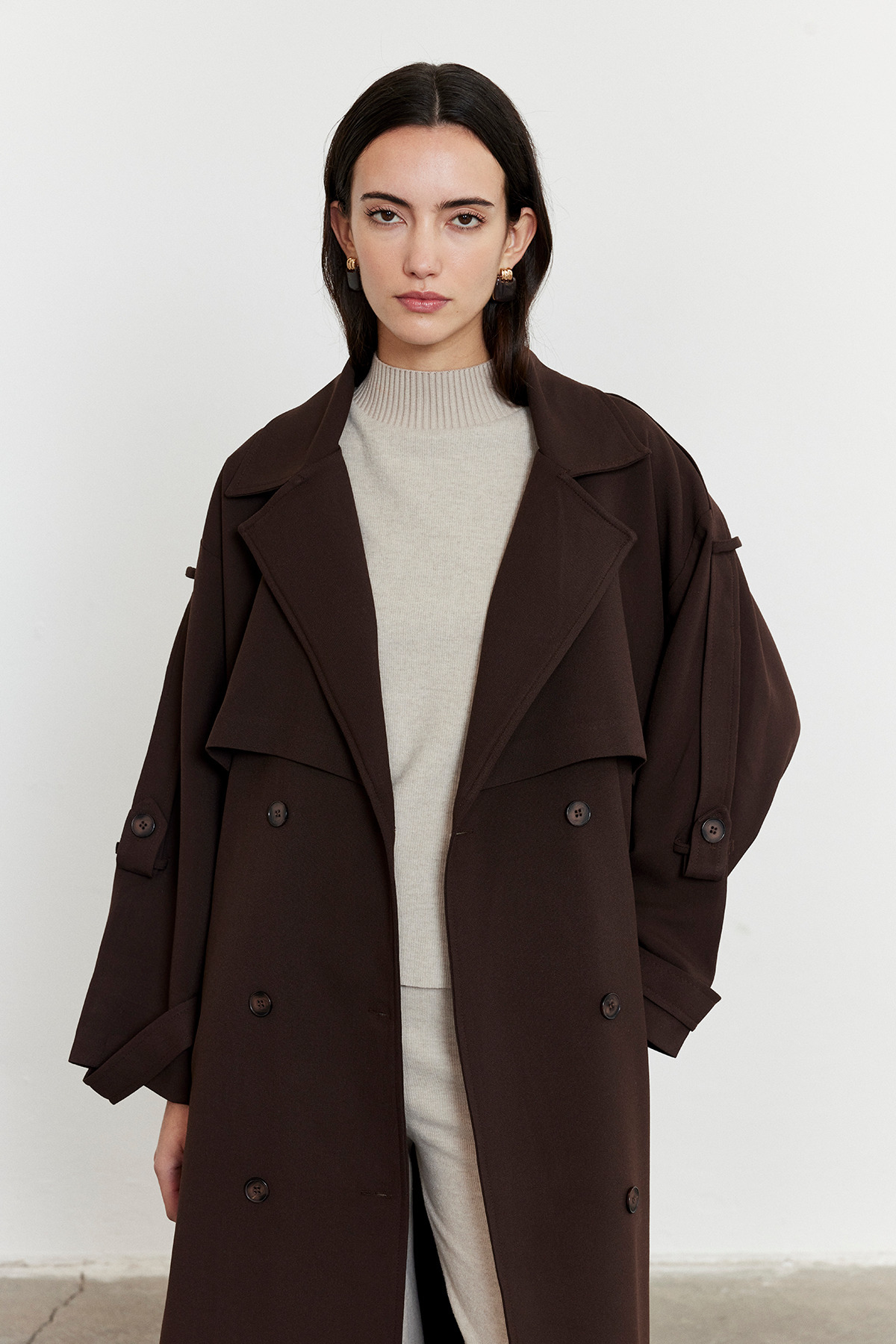 FACETTE Kadın Acı Kahve Kol Apoletli Rüzgarlıklı Oversize Trençkot