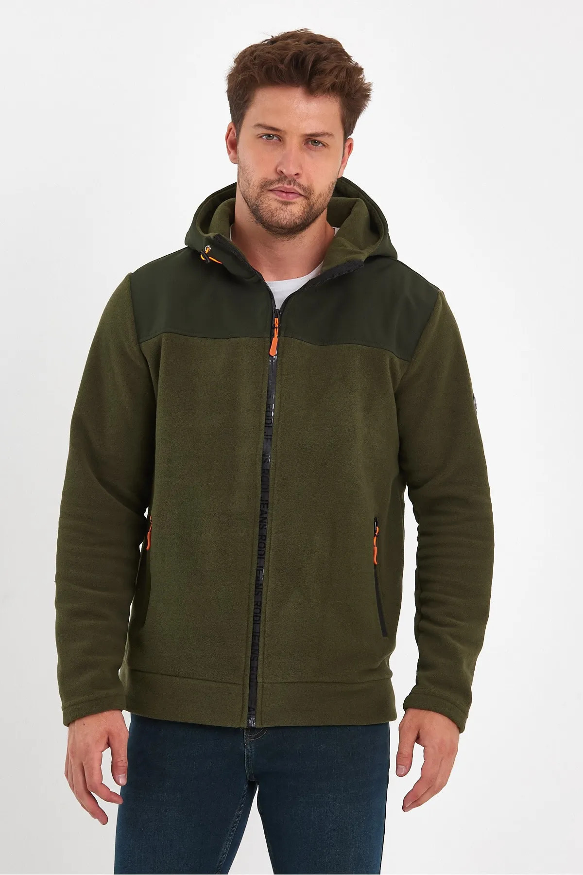 Erkek Erkek Ön Arka Garnili Fermuarlı Kapüşonlu Polar Hırka Sweatshirt — خاکی 24KE056044