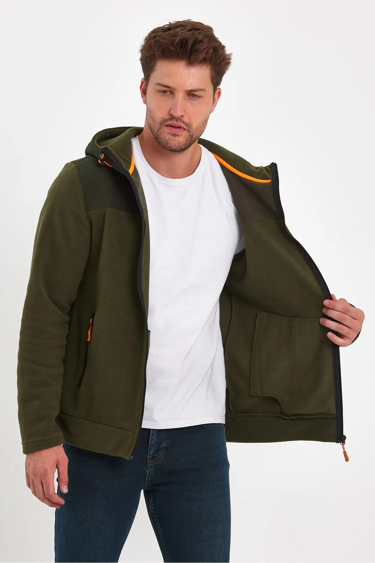 Erkek Erkek Ön Arka Garnili Fermuarlı Kapüşonlu Polar Hırka Sweatshirt — خاکی 24KE056044 — تصویر 3 از 4
