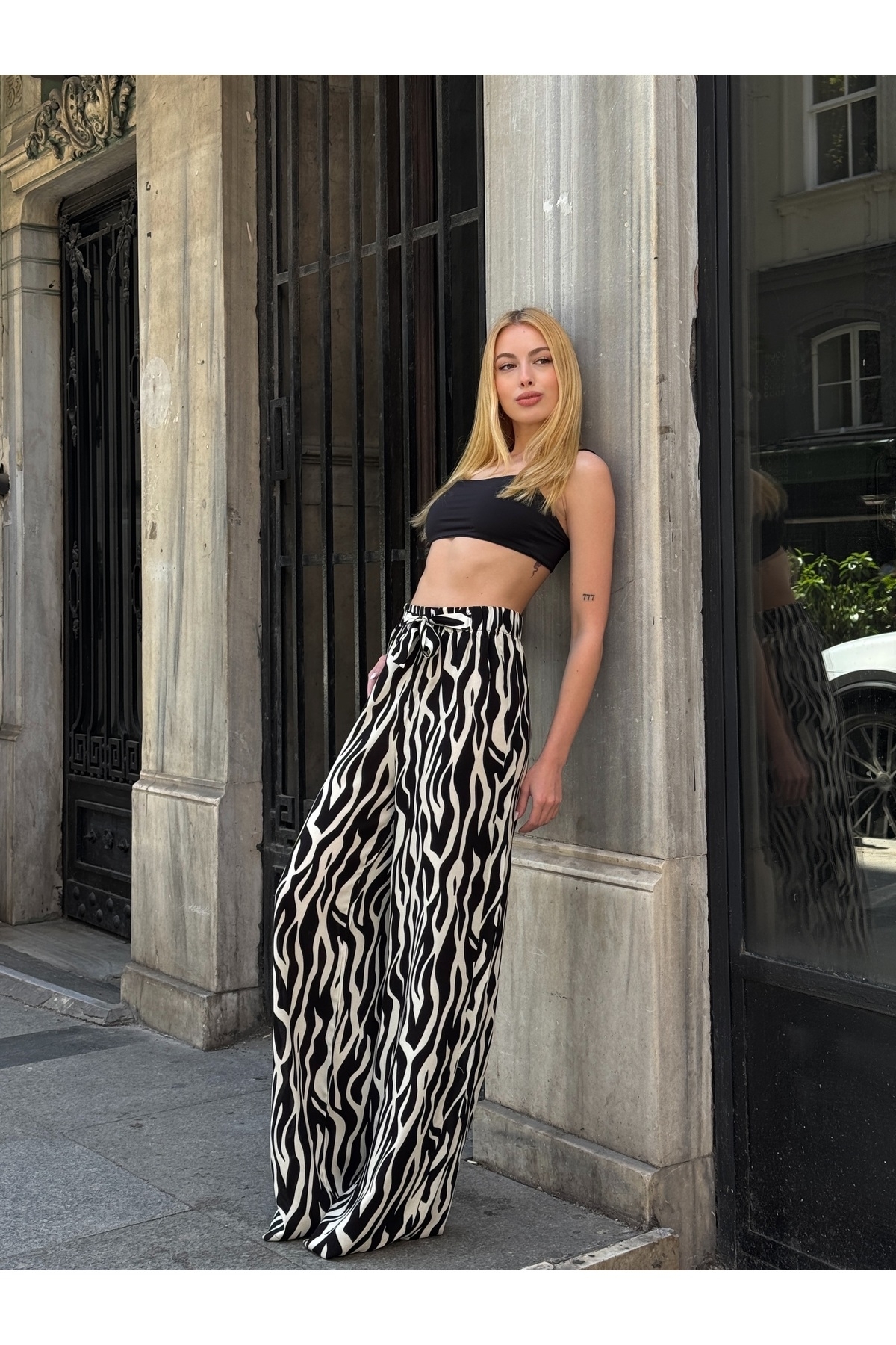 Women's High Waist Belted Patterned 100% Viscose Cotton Wide Leg Stylish Casual Plus Size Curve Pants