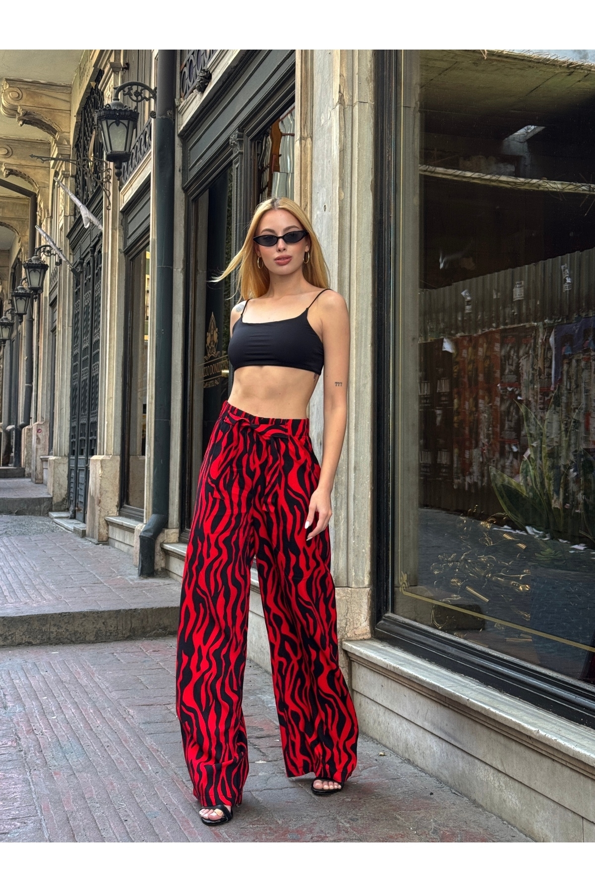 Women's High Waist Belted Patterned 100% Viscose Cotton Wide Leg Stylish Casual Plus Size Curve Pants