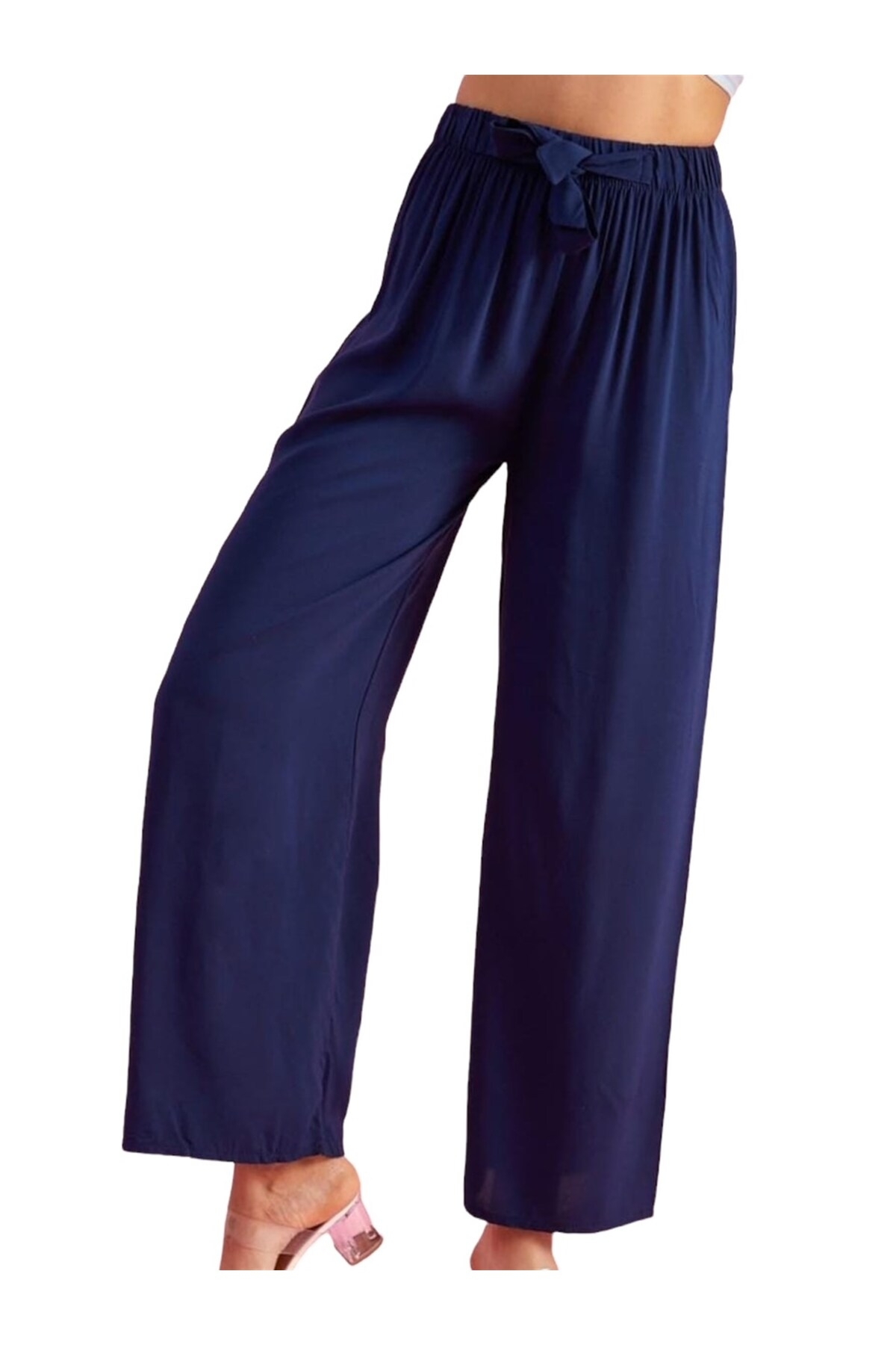 Women's Elastic Waist Casual Loose Navy Blue Trousers