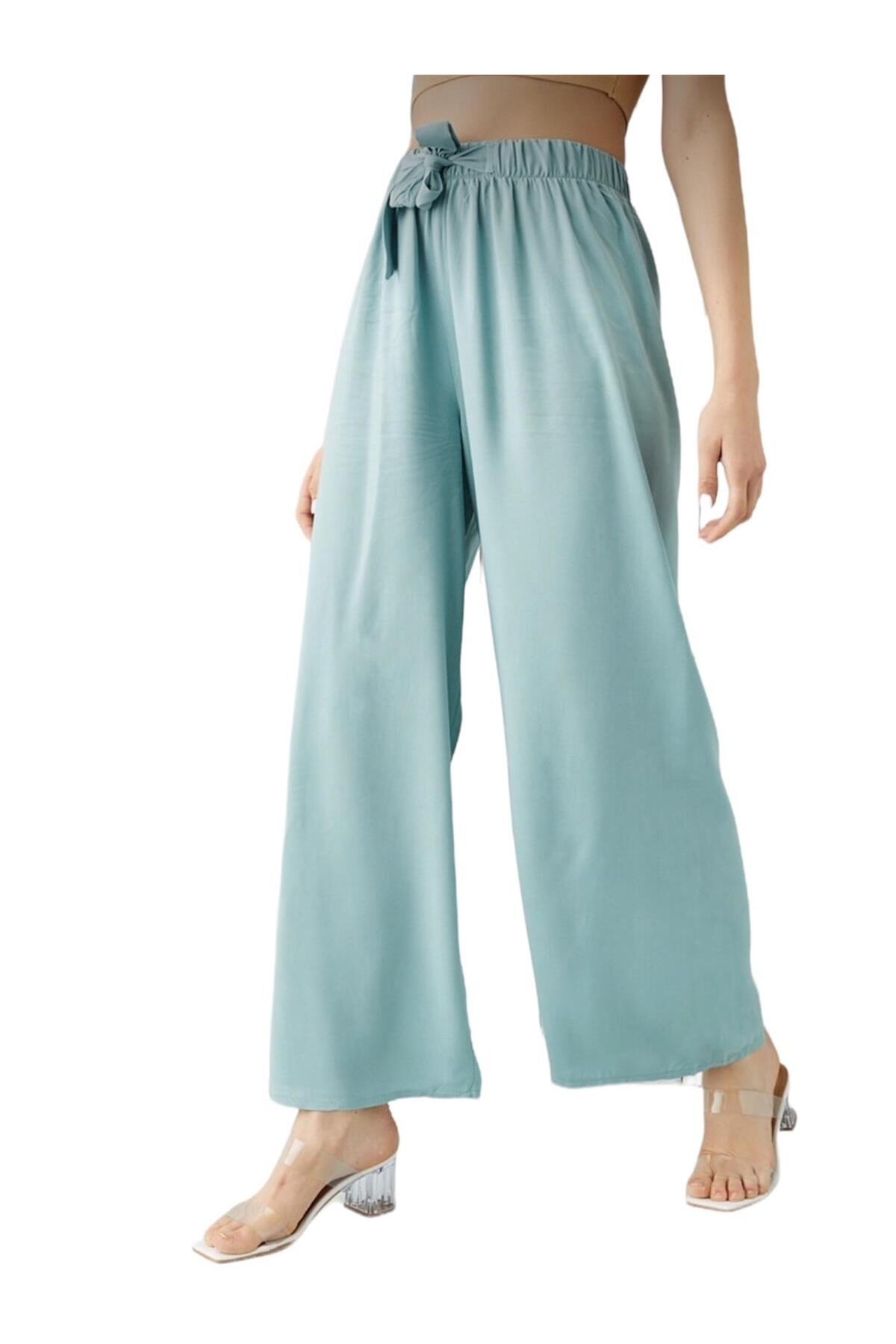 Women's Elastic Waist Casual Loose Water Green Trousers