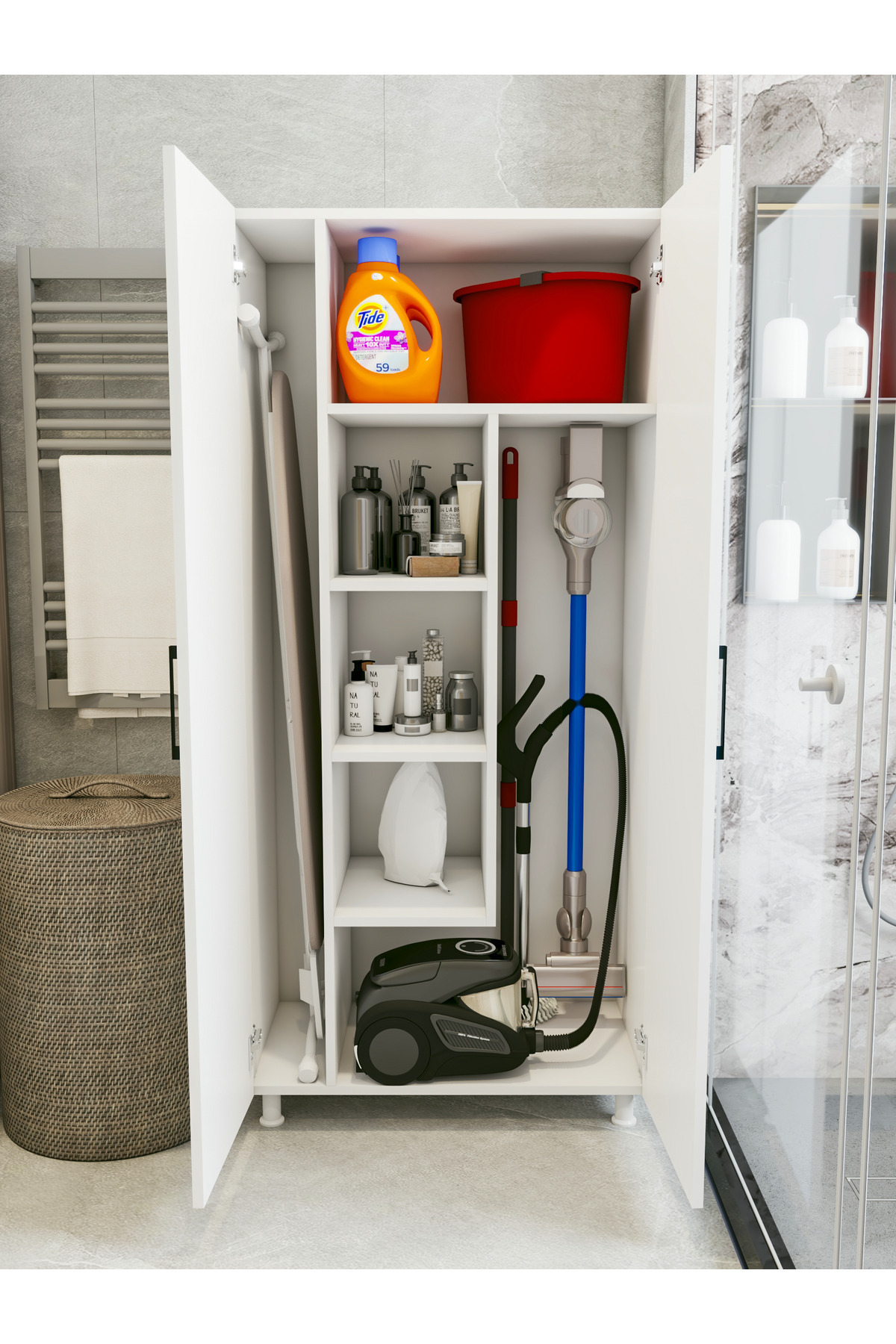 MONTENERO Çok Amaçlı Dolap Beyaz Banyo Düzenleyici Kiler Dolabı Kova Süpürge Deterjan Dolabı
