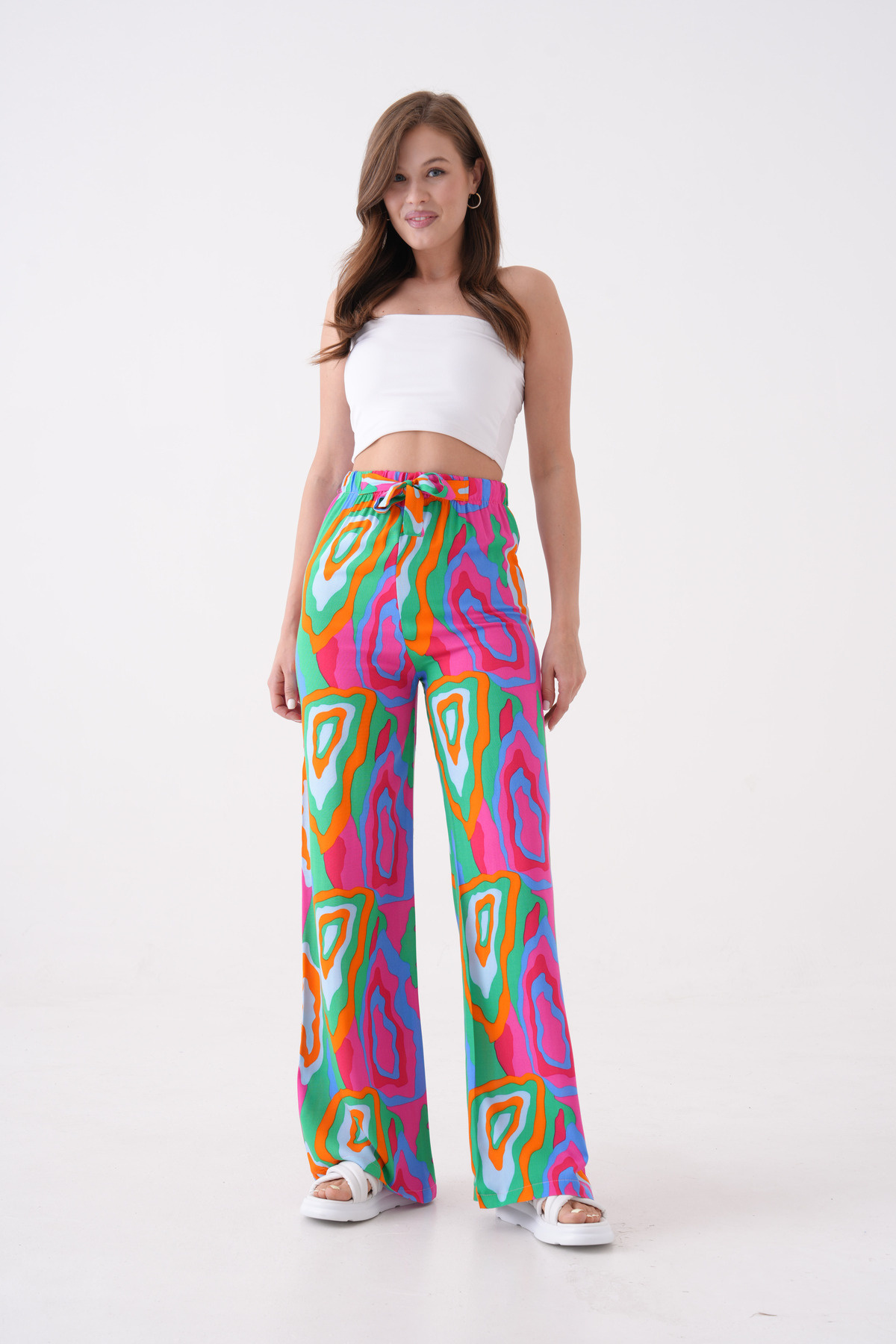 Women's High Waist Belted Patterned 100% Viscose Cotton Wide Leg Stylish Casual Plus Size Curve Pants
