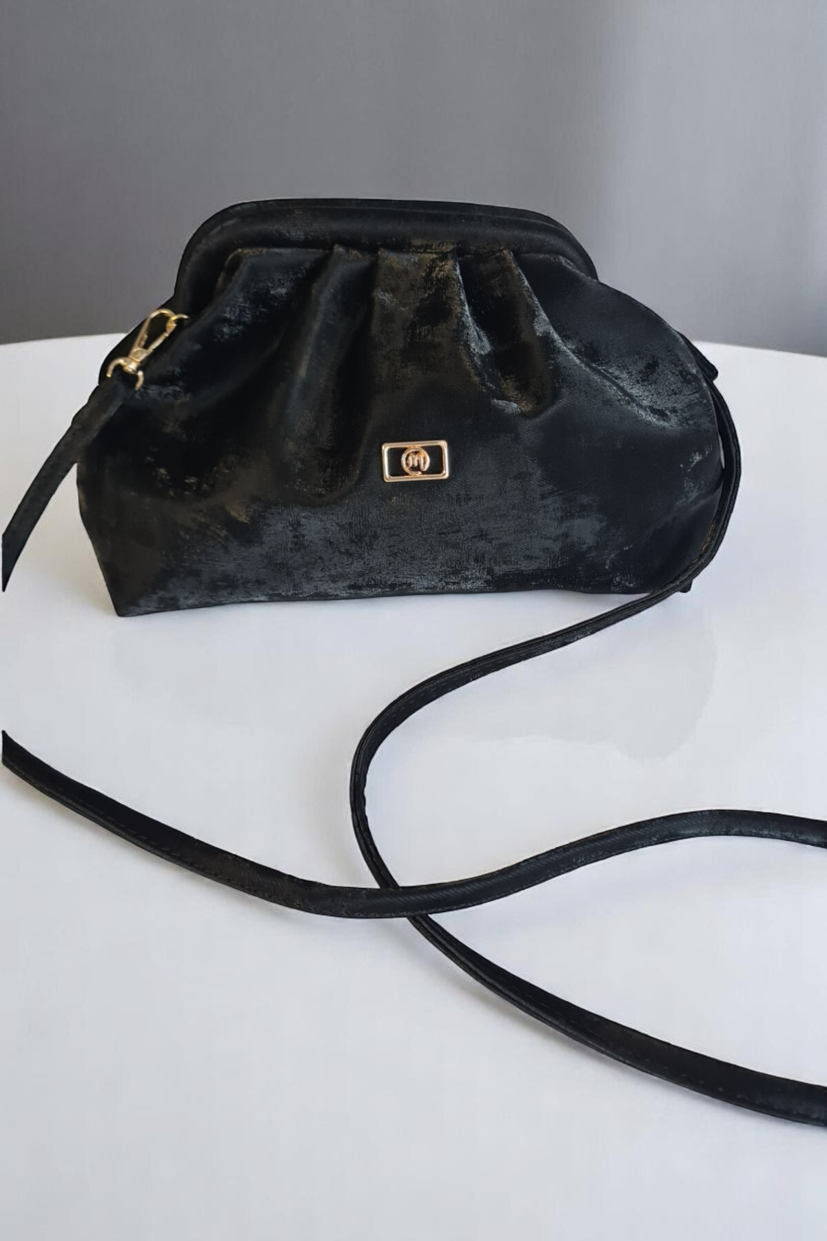 Classbag Yansımalı Saten Süet Siyah Yumuşak Suni Deri Çapraz Askılı Kadın Clutch ve Abiye Çanta görsel 7